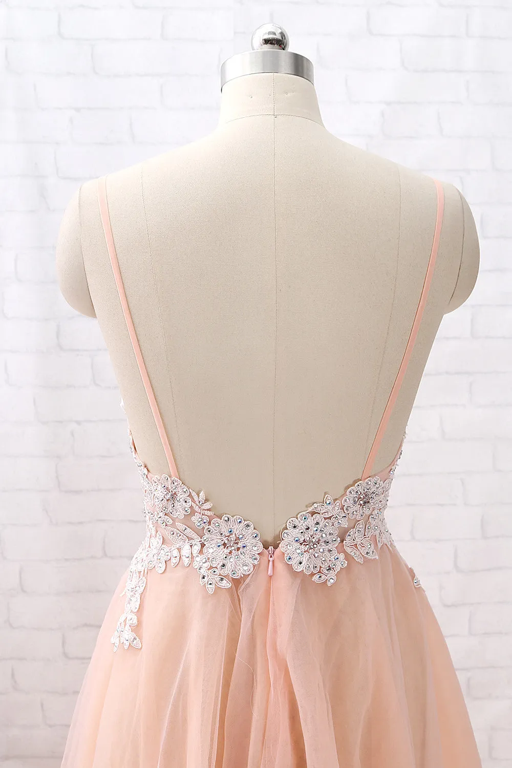MACloth Straps V Neck Lace Tulle Blush Pink Prom Dress Formal Evening Gown
