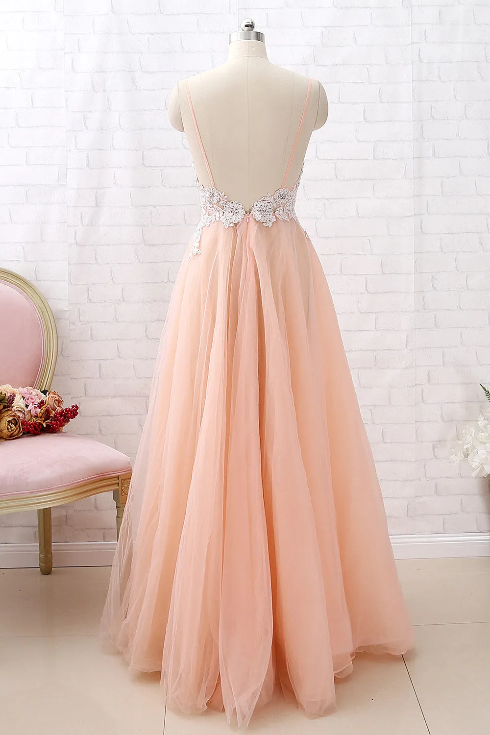 MACloth Straps V Neck Lace Tulle Blush Pink Prom Dress Formal Evening Gown