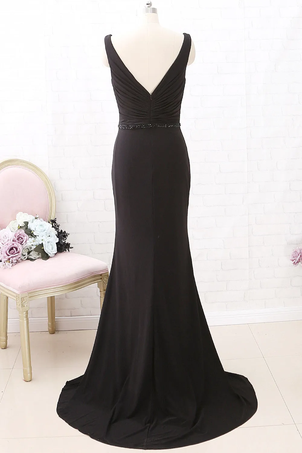 MACloth Straps V Neck Mermaid Black Maxi Prom Dress Jersey Formal Evening Gown