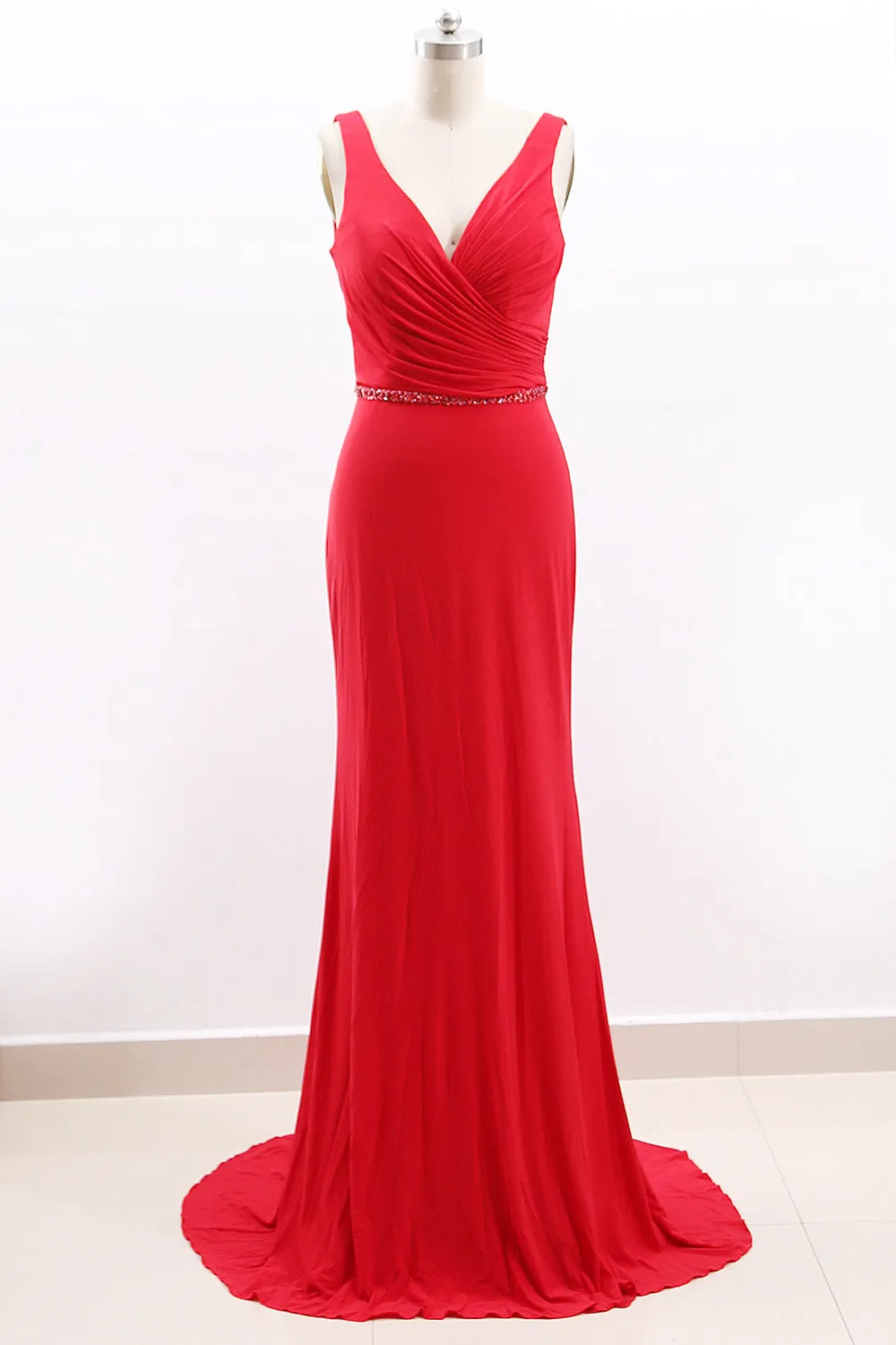 MACloth Straps V Neck Mermaid Black Maxi Prom Dress Jersey Formal Evening Gown
