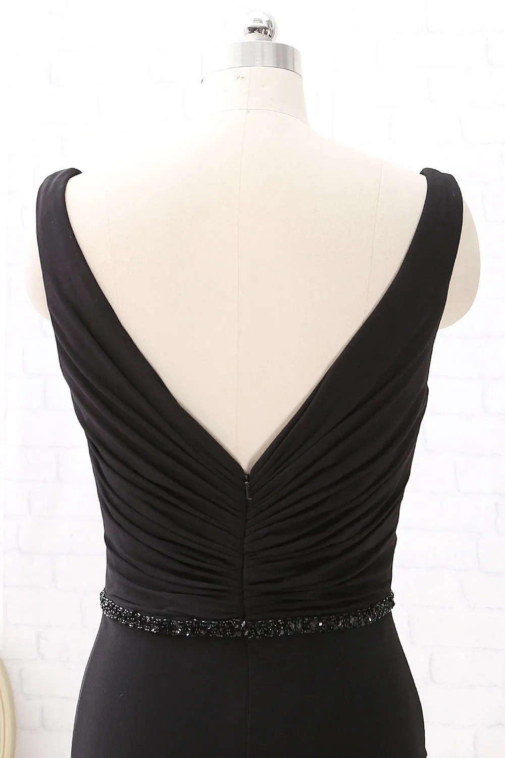 MACloth Straps V Neck Mermaid Black Maxi Prom Dress Jersey Formal Evening Gown