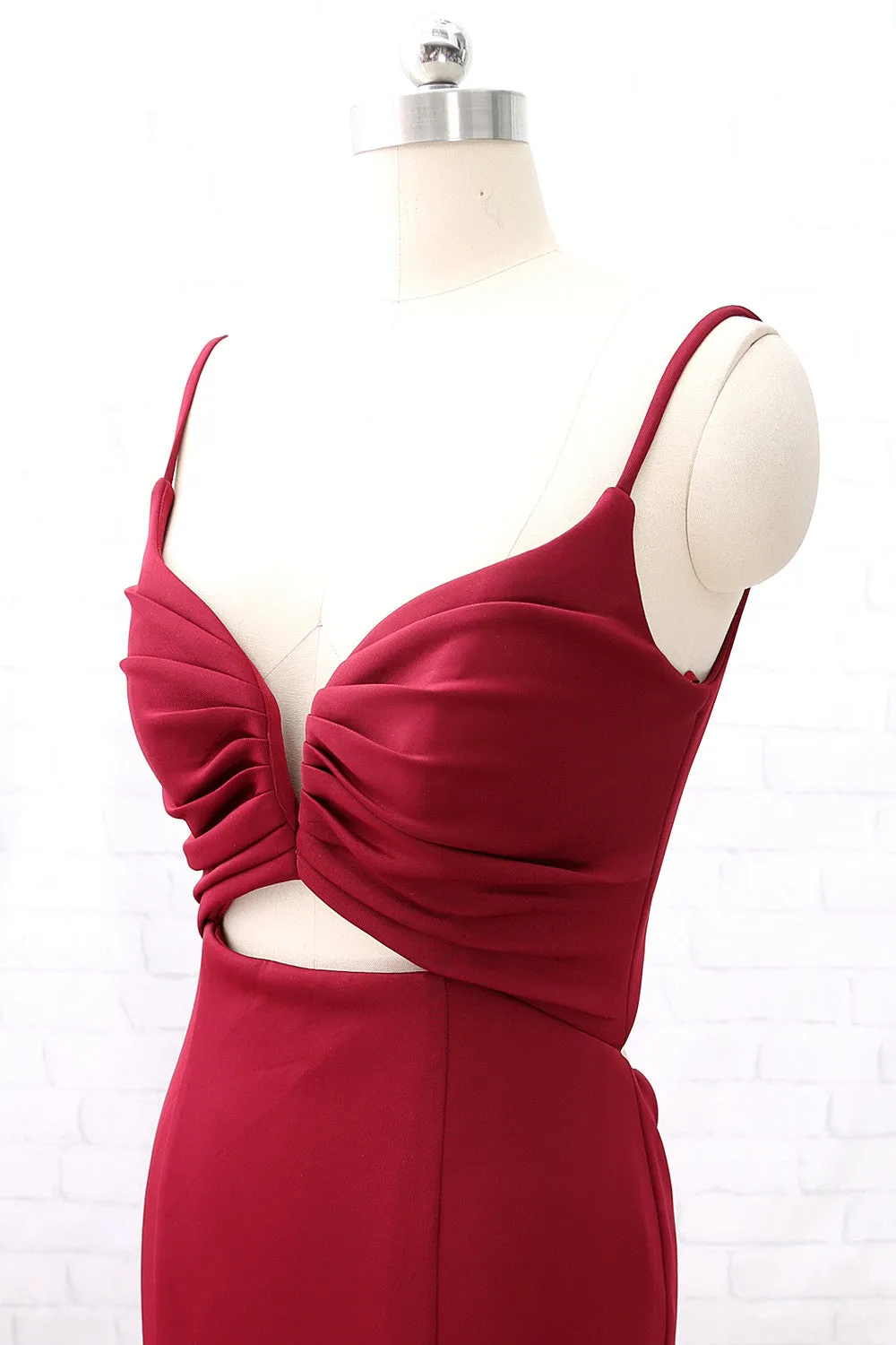 MACloth Straps V Neck Mermaid Burgundy Long Prom Dress Cut Out Formal Evening Gown