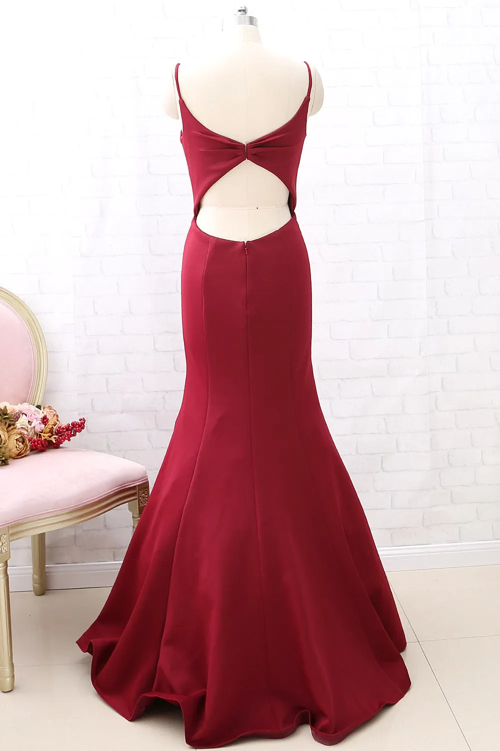 MACloth Straps V Neck Mermaid Burgundy Long Prom Dress Cut Out Formal Evening Gown