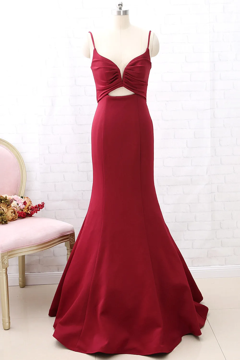 MACloth Straps V Neck Mermaid Burgundy Long Prom Dress Cut Out Formal Evening Gown