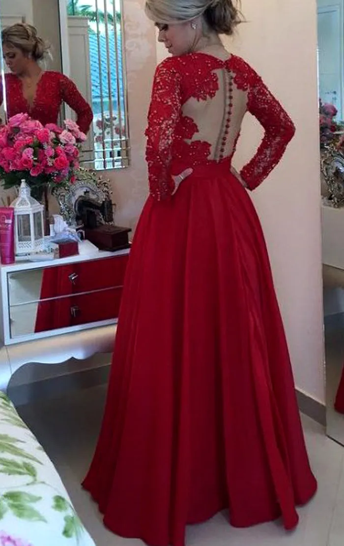 MACloth V Neck Long Sleeves Lace Long Prom Dress Red Formal Evening Gown