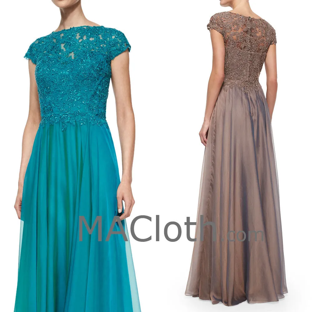 MACloth Women Cap Sleeves Lace Chiffon Long Mother of the Brides Dress Evening Gown