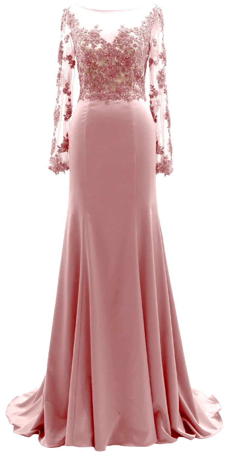 MACloth Women Long Sleeves Illusion Mother of The Bride Dress Lace Evening Gown