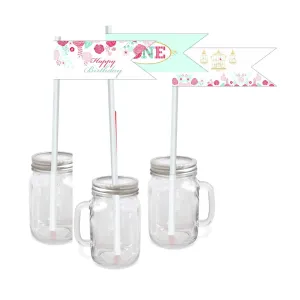 Mint and Pink Floral 1st Birthday Theme Drink Straws