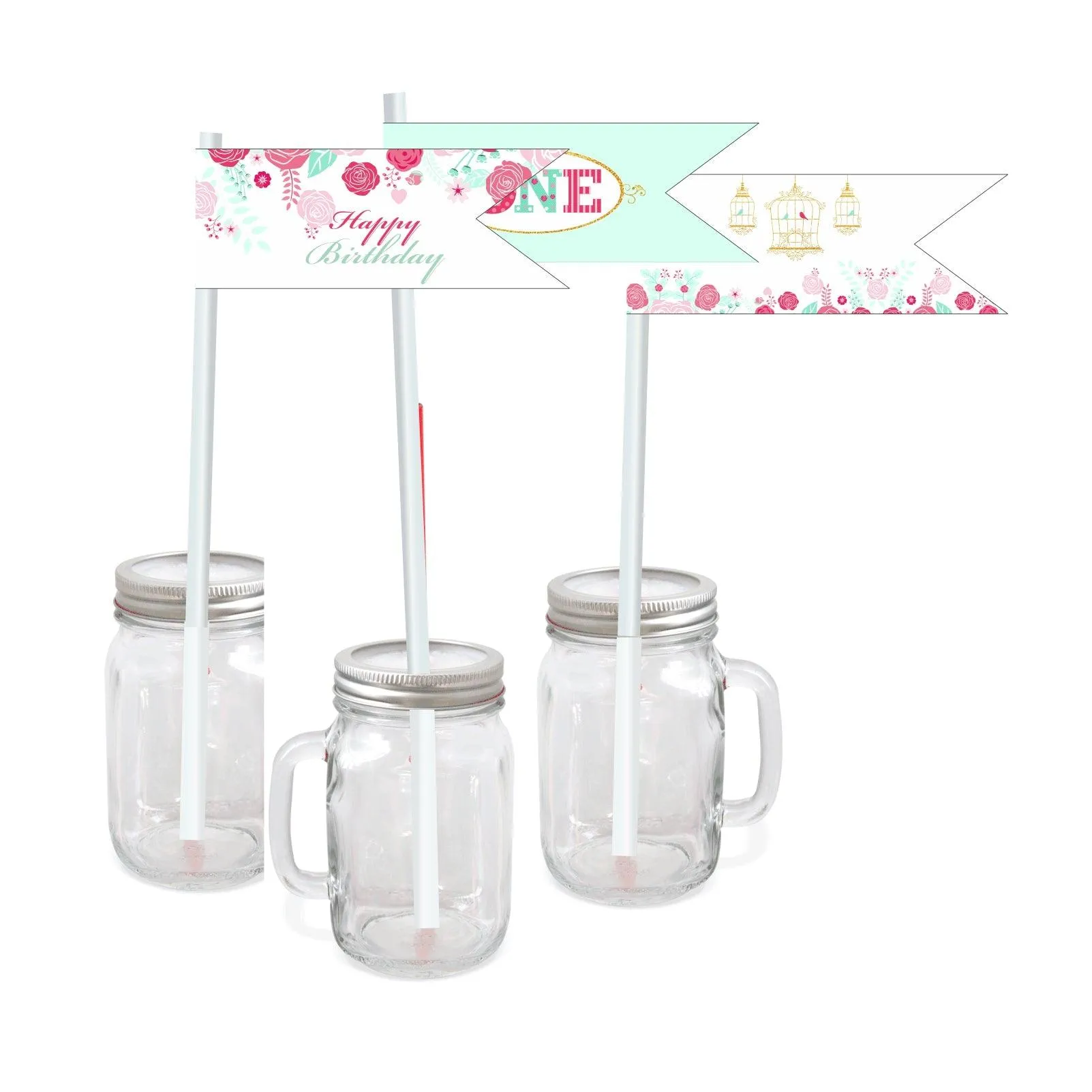 Mint and Pink Floral 1st Birthday Theme Drink Straws
