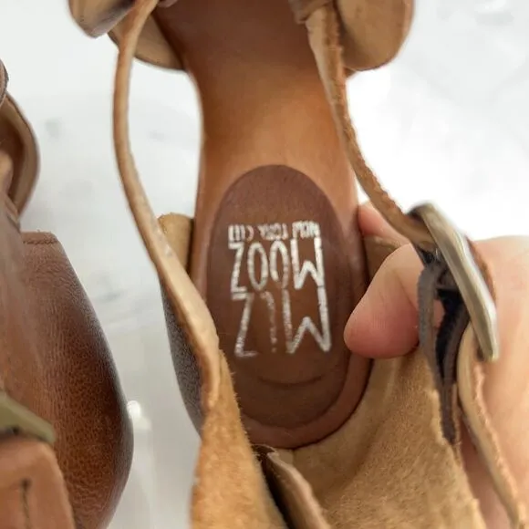Miz Mooz Women Corra Size 38 7.5 Tan Cognac Leather Open Toe Sandal Low Heel