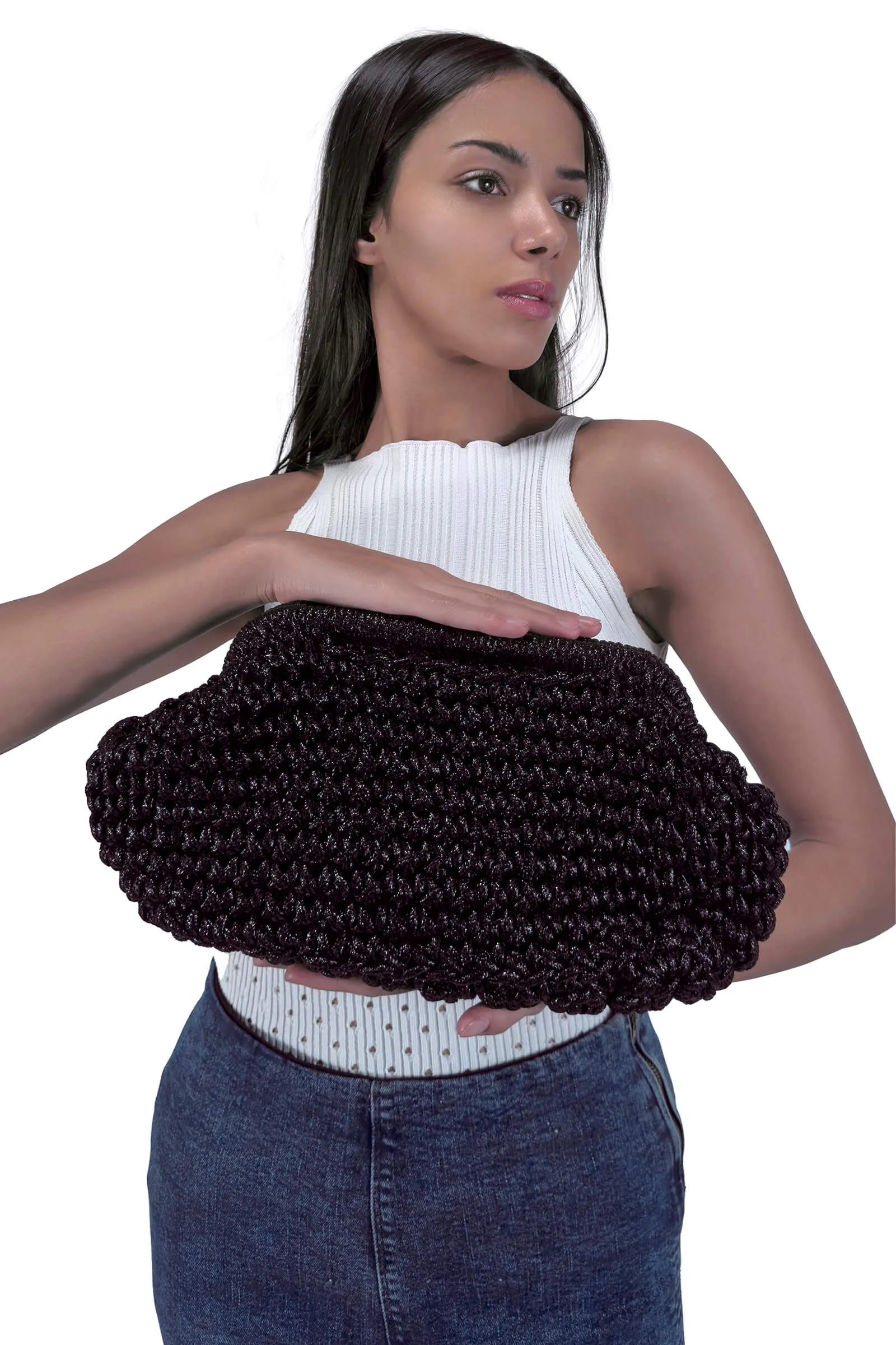 Noir Celeste Metallic Crochet Frame Clutch