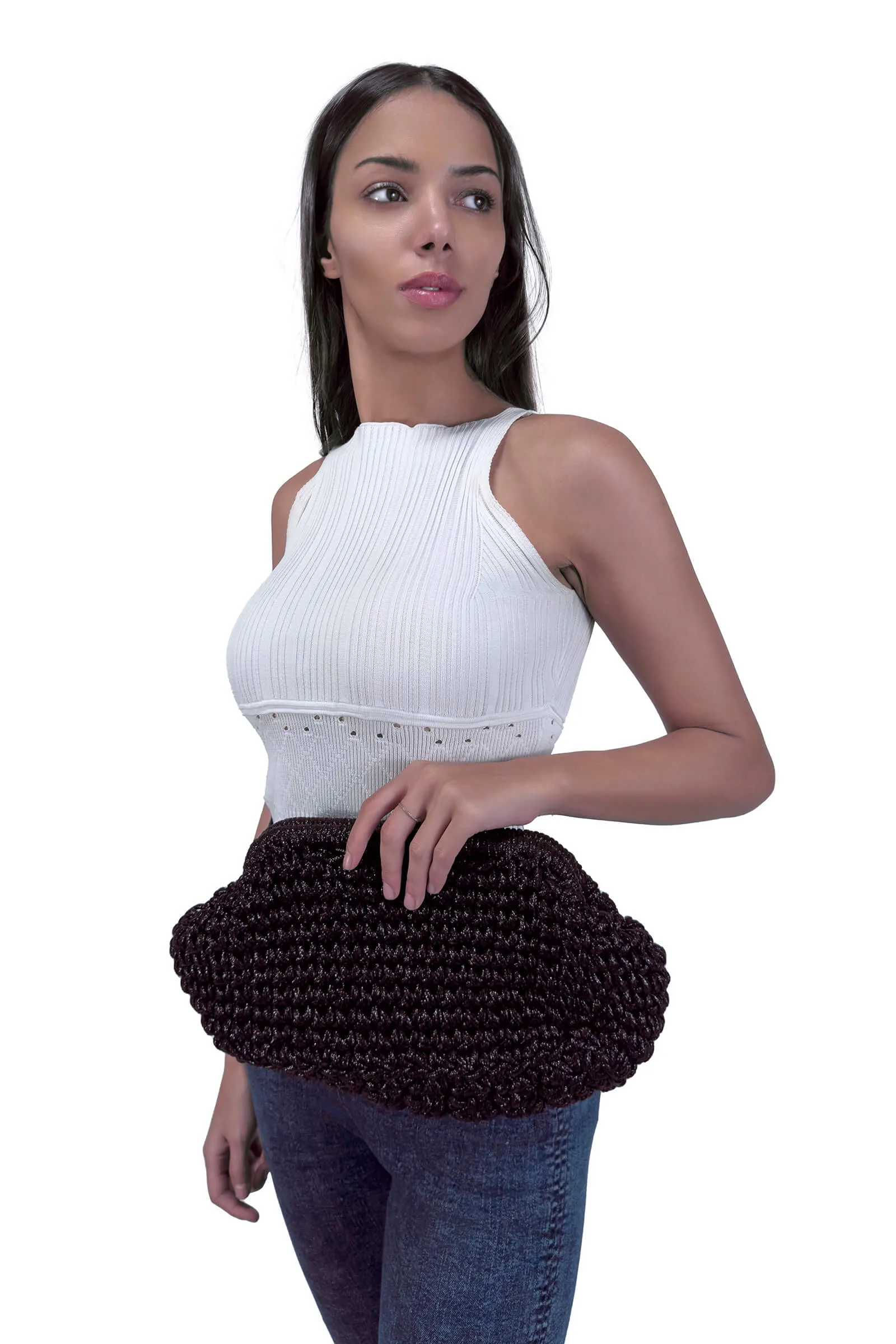 Noir Celeste Metallic Crochet Frame Clutch