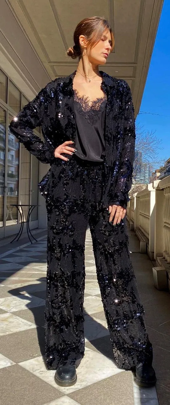 Now 60% OFF - Lexi Sequin Wide Leg Pant - Black