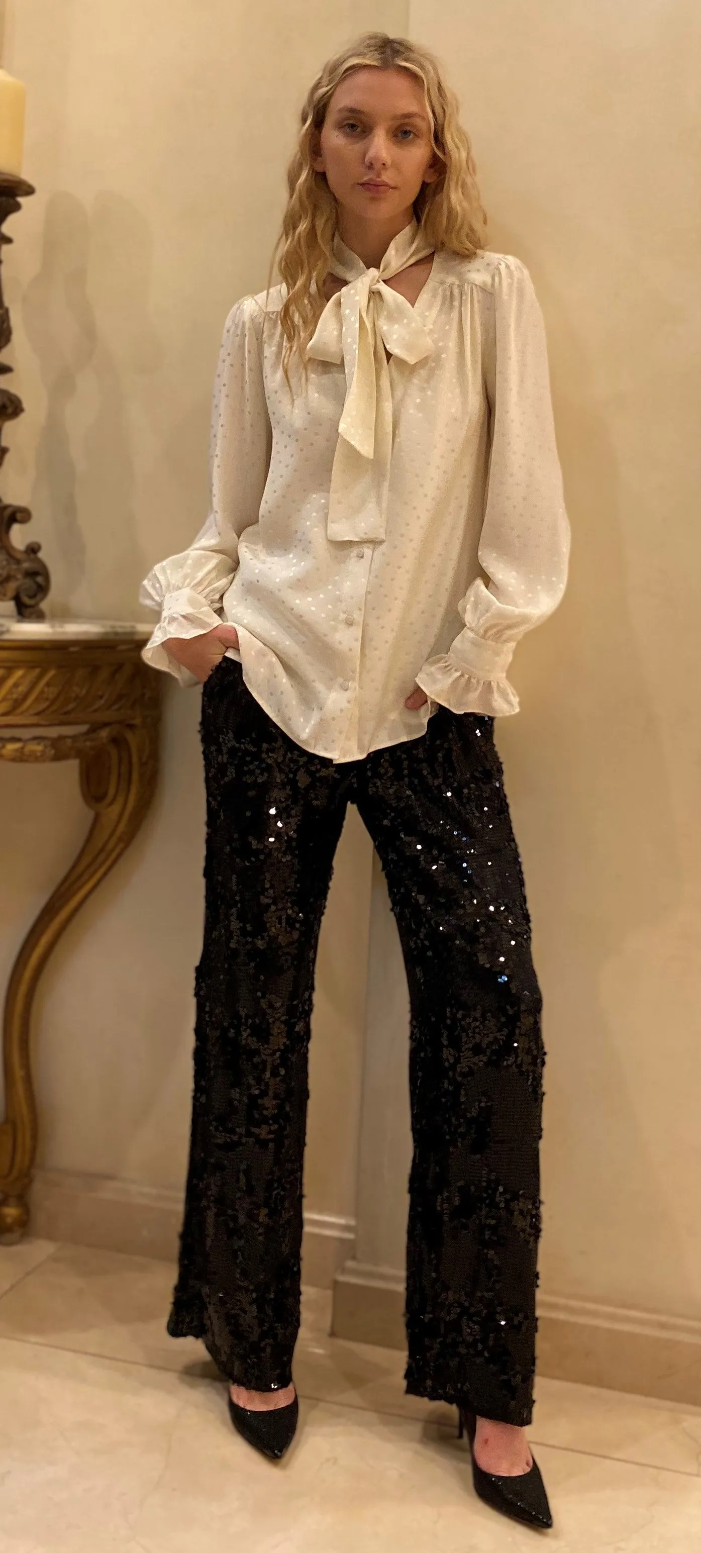 Now 60% OFF - Lexi Sequin Wide Leg Pant - Black