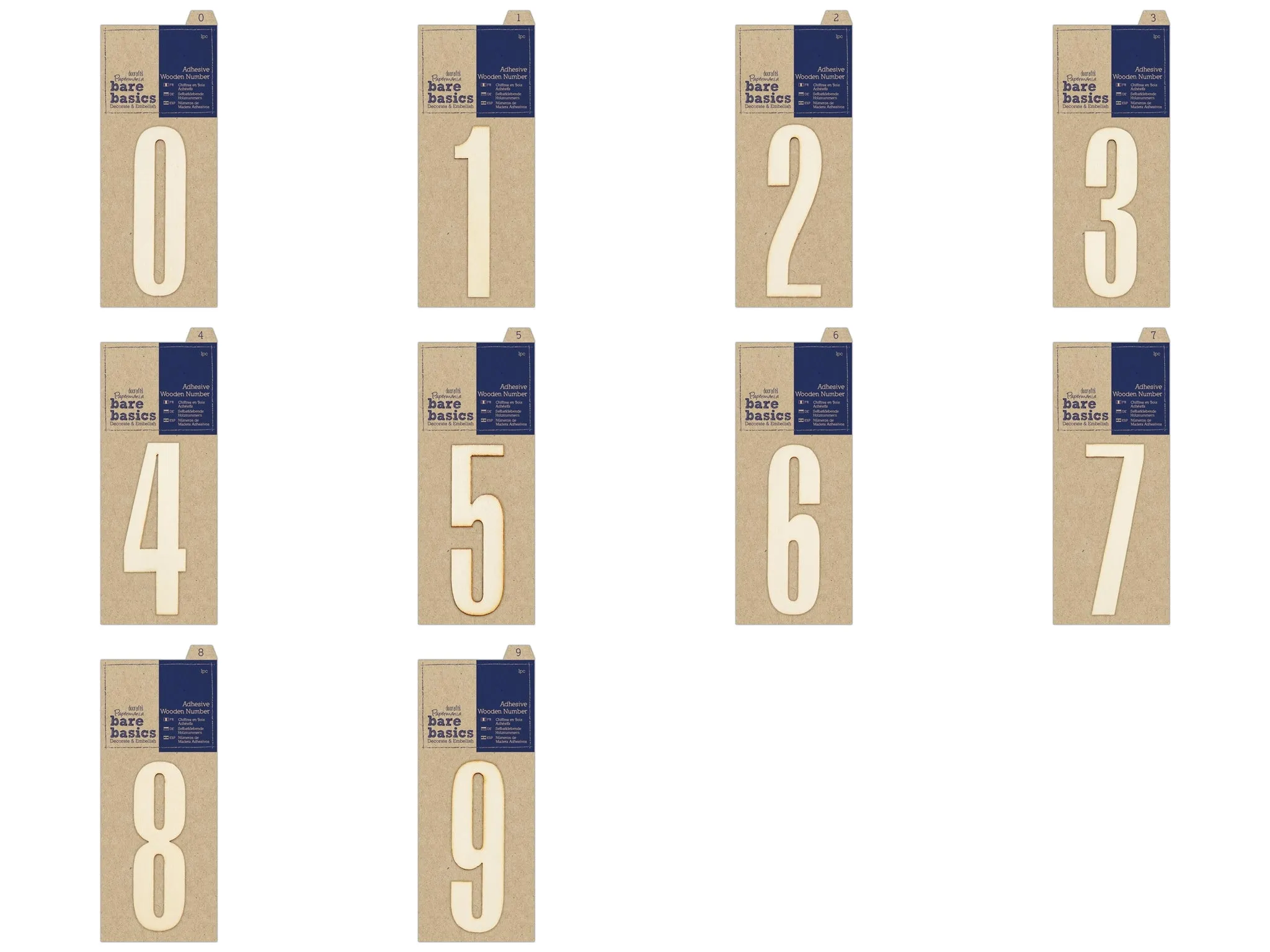 Papermania Bare Basics Adhesive Wooden Numbers (0 - 9) Decoration Crafts 10cm x 10