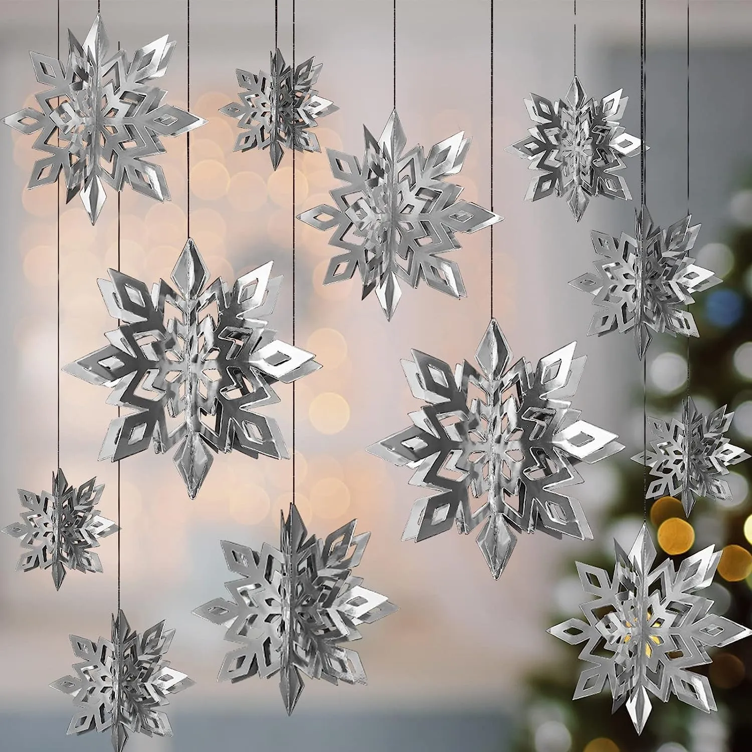PartyToko Snowflake Decoration/Snowflake Theme/Party Supplies/Foam Snowflake White Christmas Tree Hanging Decor - Pack of 6 Pcs in a Set Metallic Paper