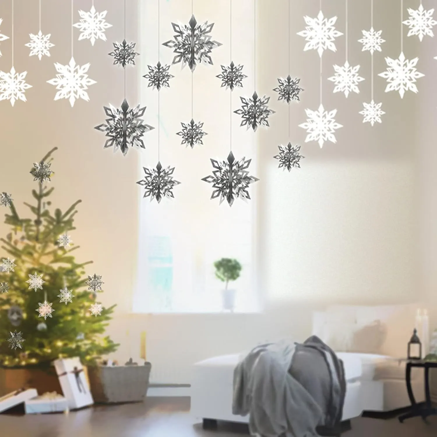 PartyToko Snowflake Decoration/Snowflake Theme/Party Supplies/Foam Snowflake White Christmas Tree Hanging Decor - Pack of 6 Pcs in a Set Metallic Paper