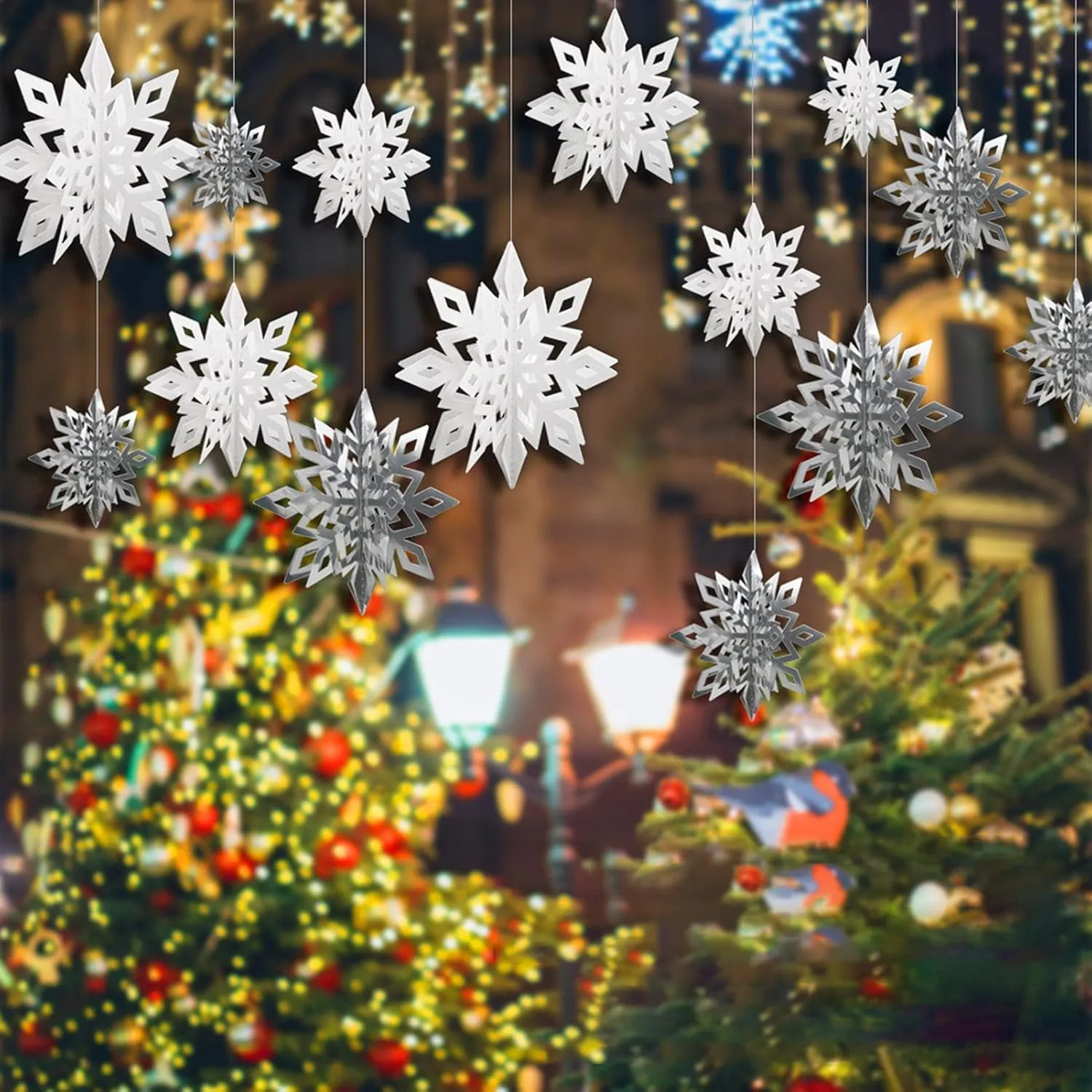 PartyToko Snowflake Decoration/Snowflake Theme/Party Supplies/Foam Snowflake White Christmas Tree Hanging Decor - Pack of 6 Pcs in a Set Metallic Paper