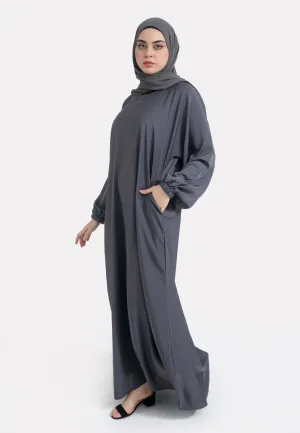 Pebble Grey Closed Abaya with Zip Pockets & Cuff Sleeves