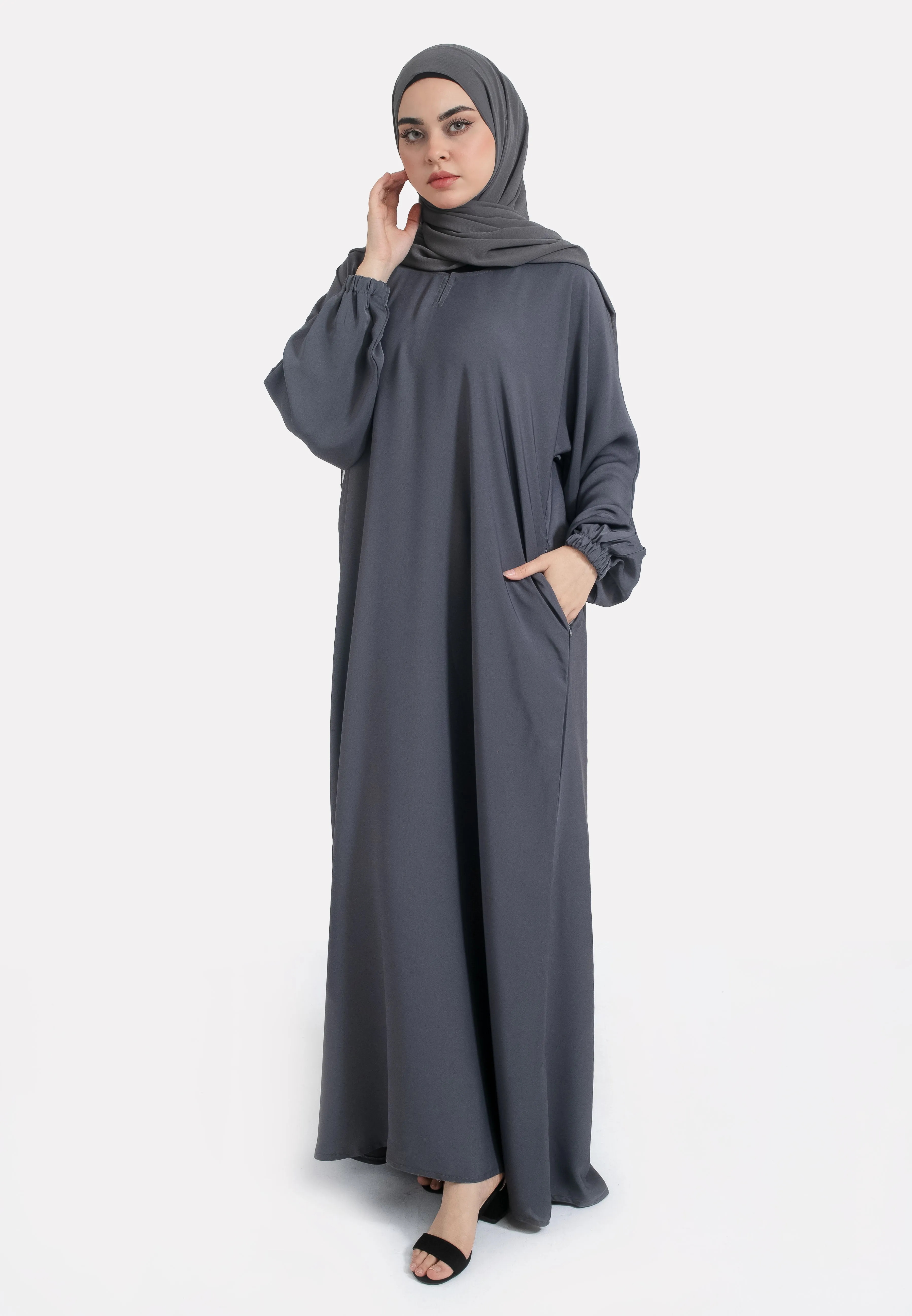 Pebble Grey Closed Abaya with Zip Pockets & Cuff Sleeves