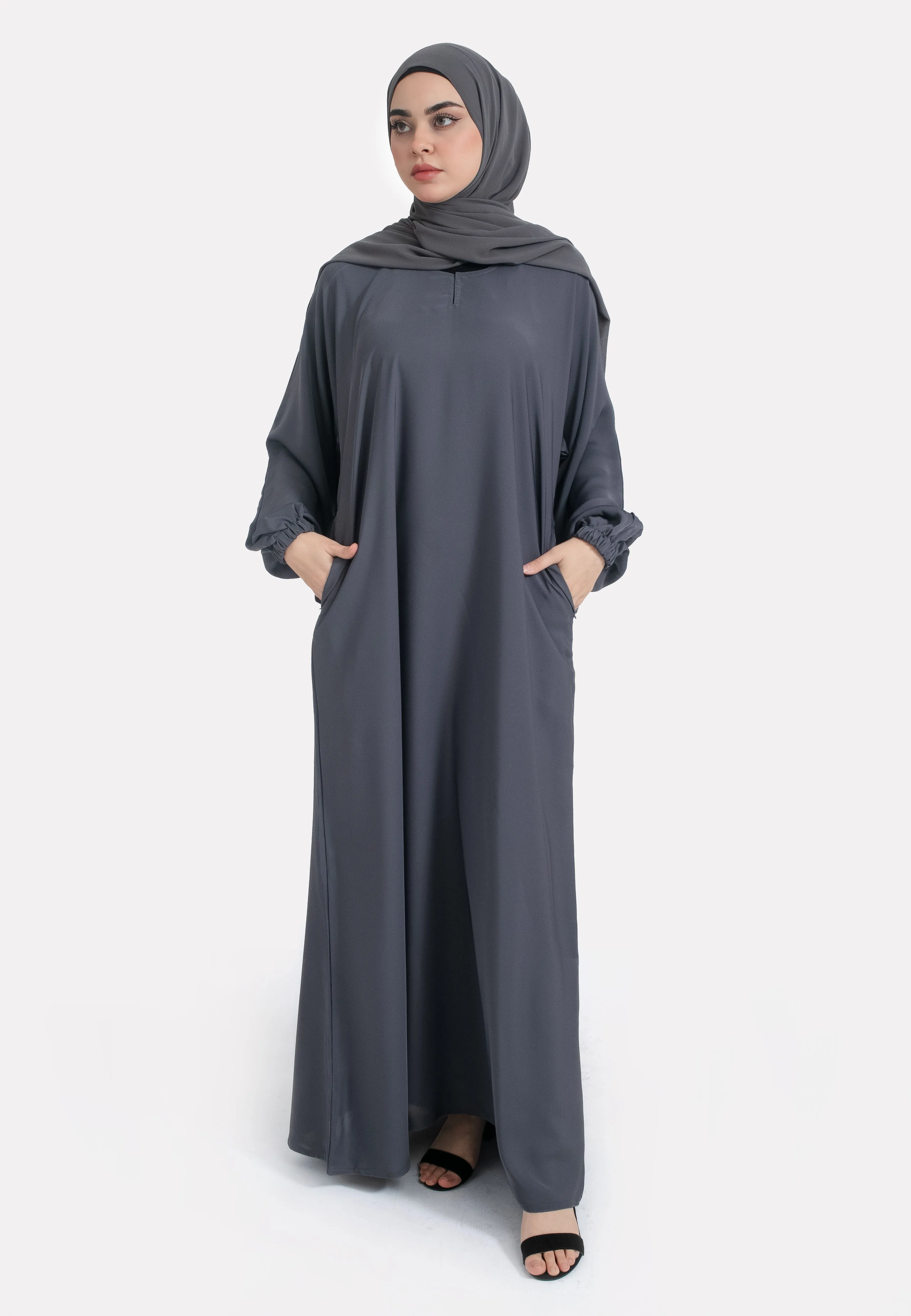 Pebble Grey Closed Abaya with Zip Pockets & Cuff Sleeves
