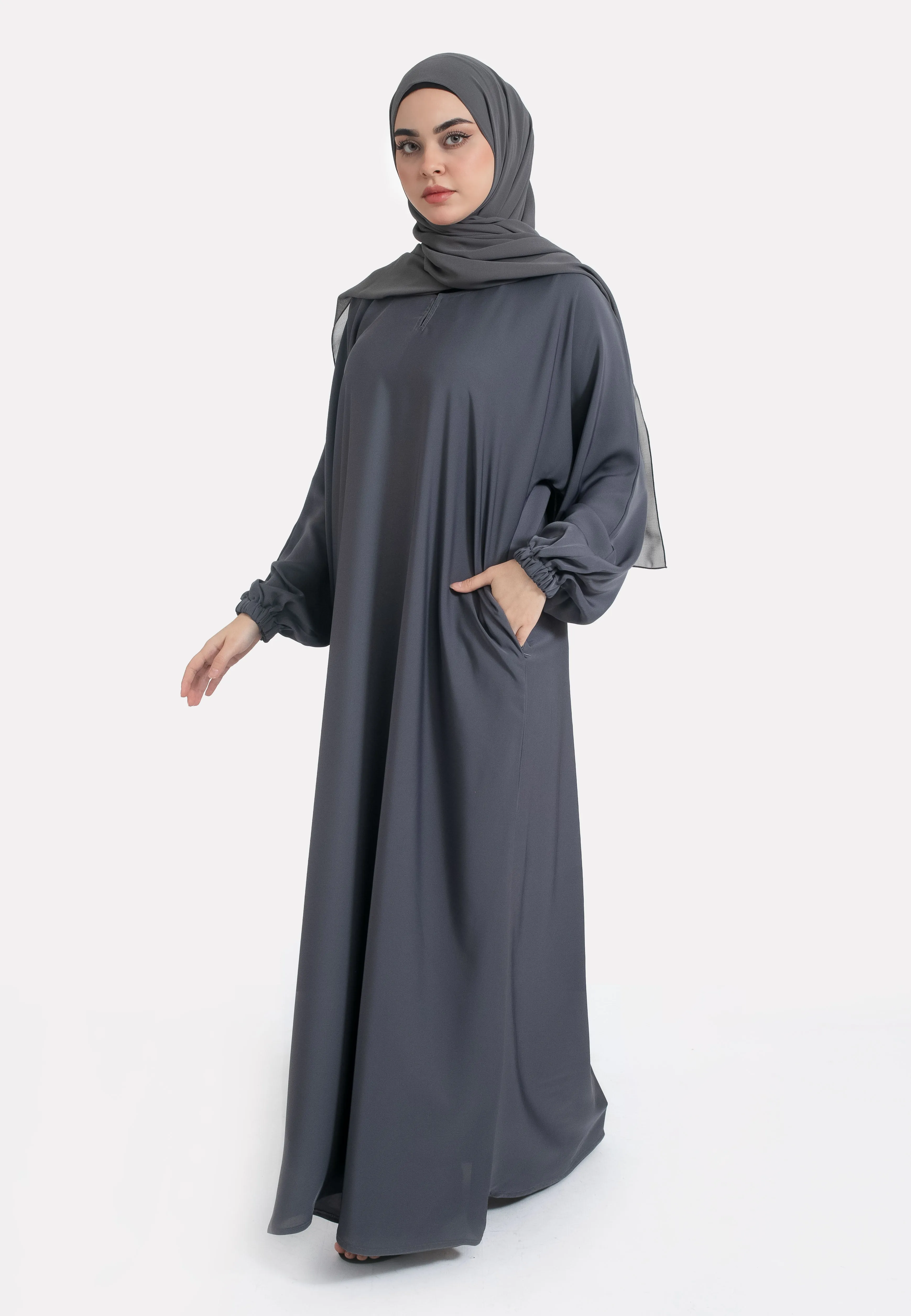 Pebble Grey Closed Abaya with Zip Pockets & Cuff Sleeves