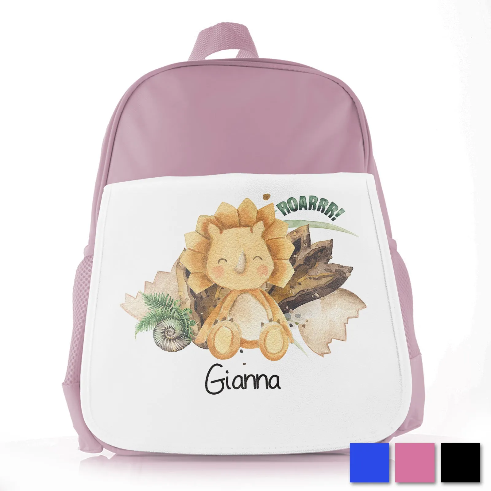 Personalised School Bag with Name and Orange Triceratops