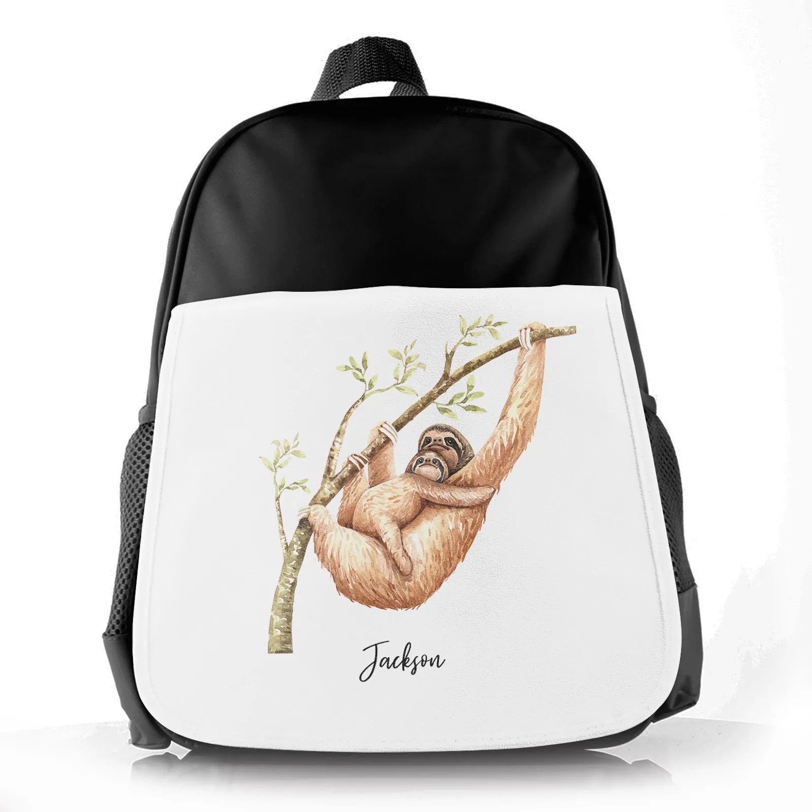 Personalised School Bag with Welcoming Text and Climbing Mum and Baby Sloths
