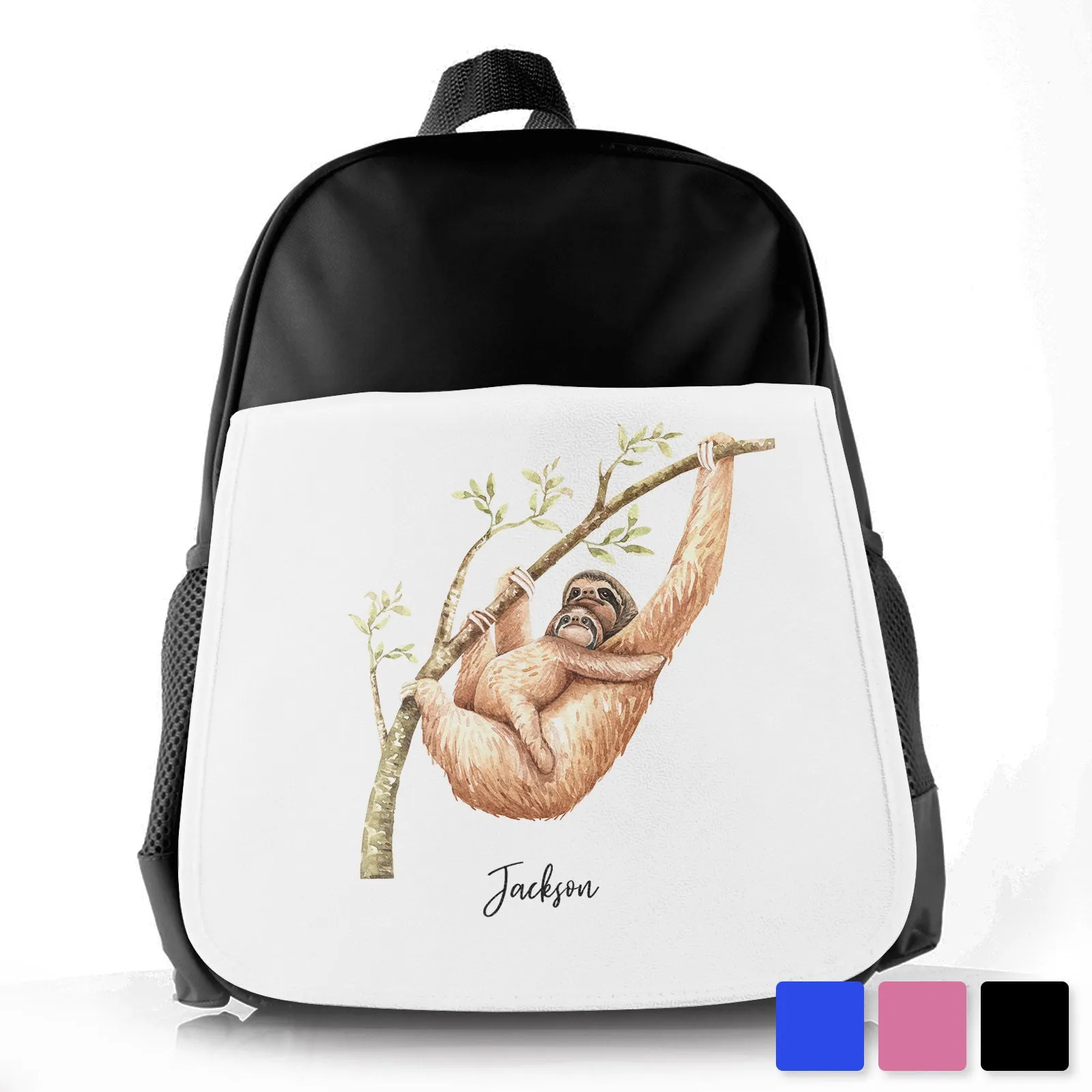 Personalised School Bag with Welcoming Text and Climbing Mum and Baby Sloths