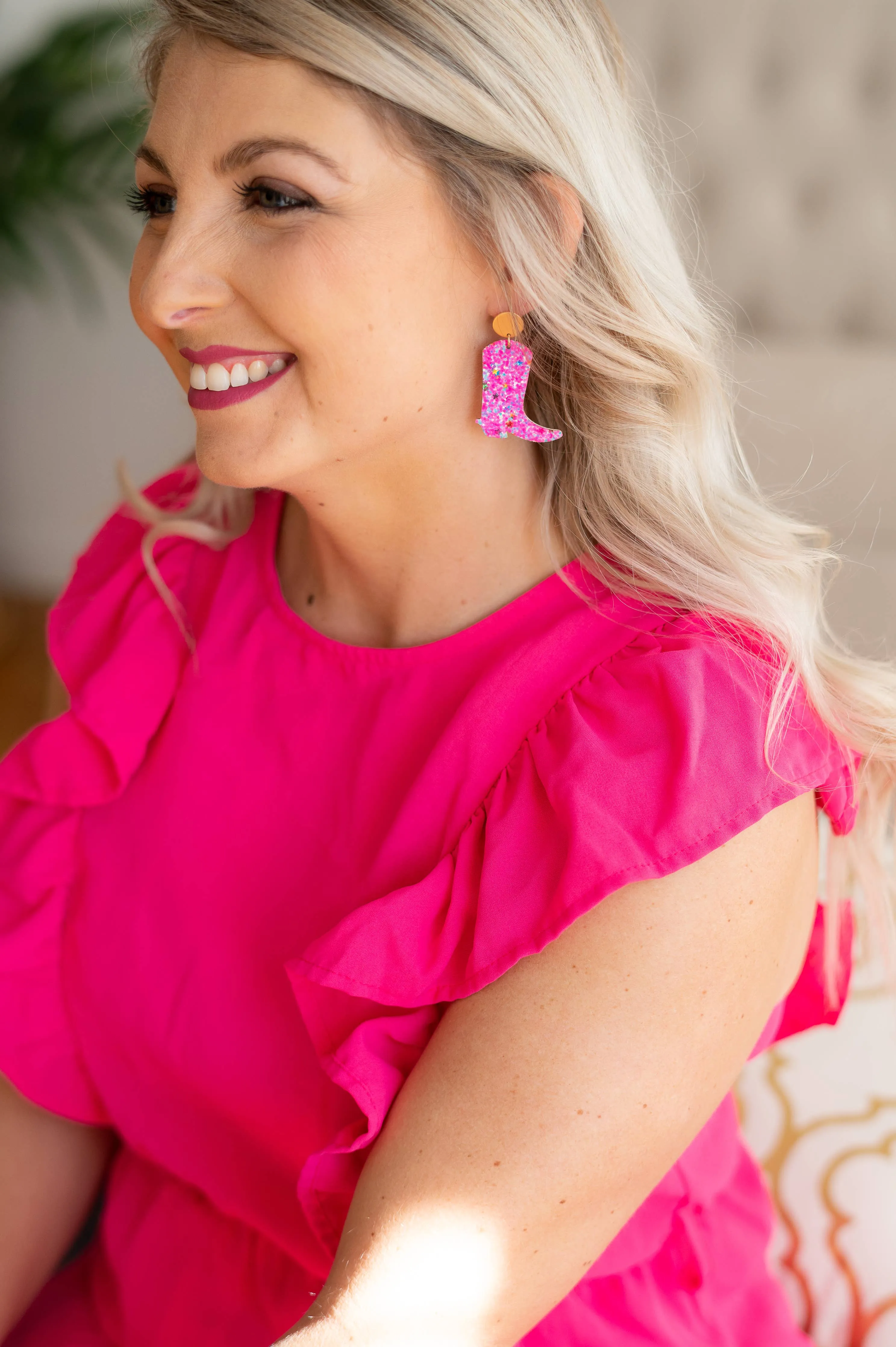Pink Glitter Boot Earrings