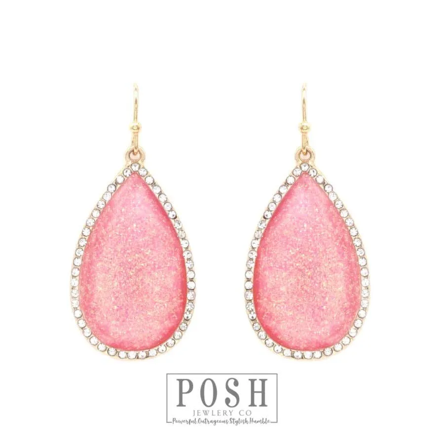 Pink Silver Rhinestone rimmed teardrop earring