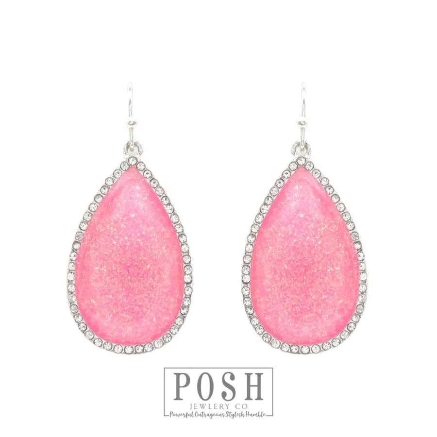Pink Silver Rhinestone rimmed teardrop earring