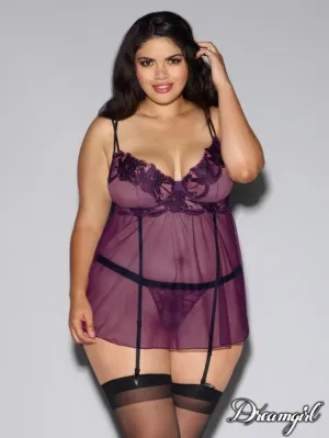 Plum/Black - Sheer Floral Babydoll & G-String - Size