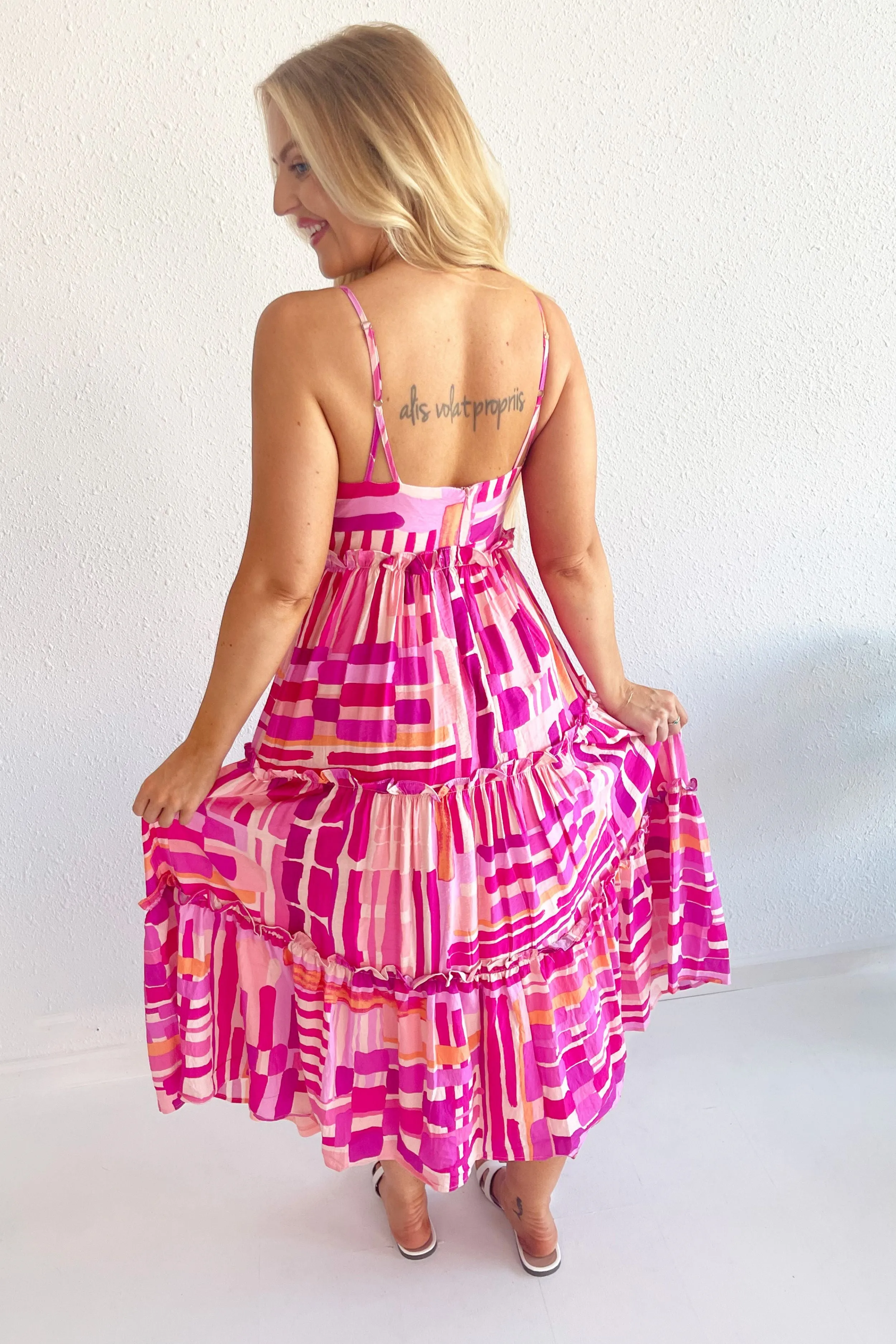 Printed Adjustable Spaghetti Straps Midi Dress