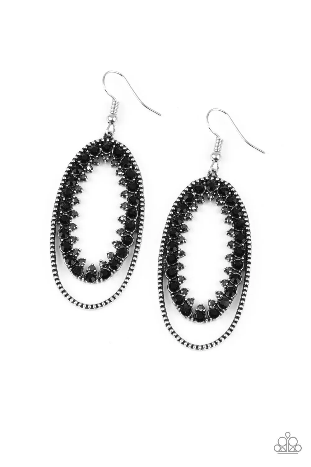 " Marry into Money " Silver Metal & Black Rhinestone Dangle Earrings