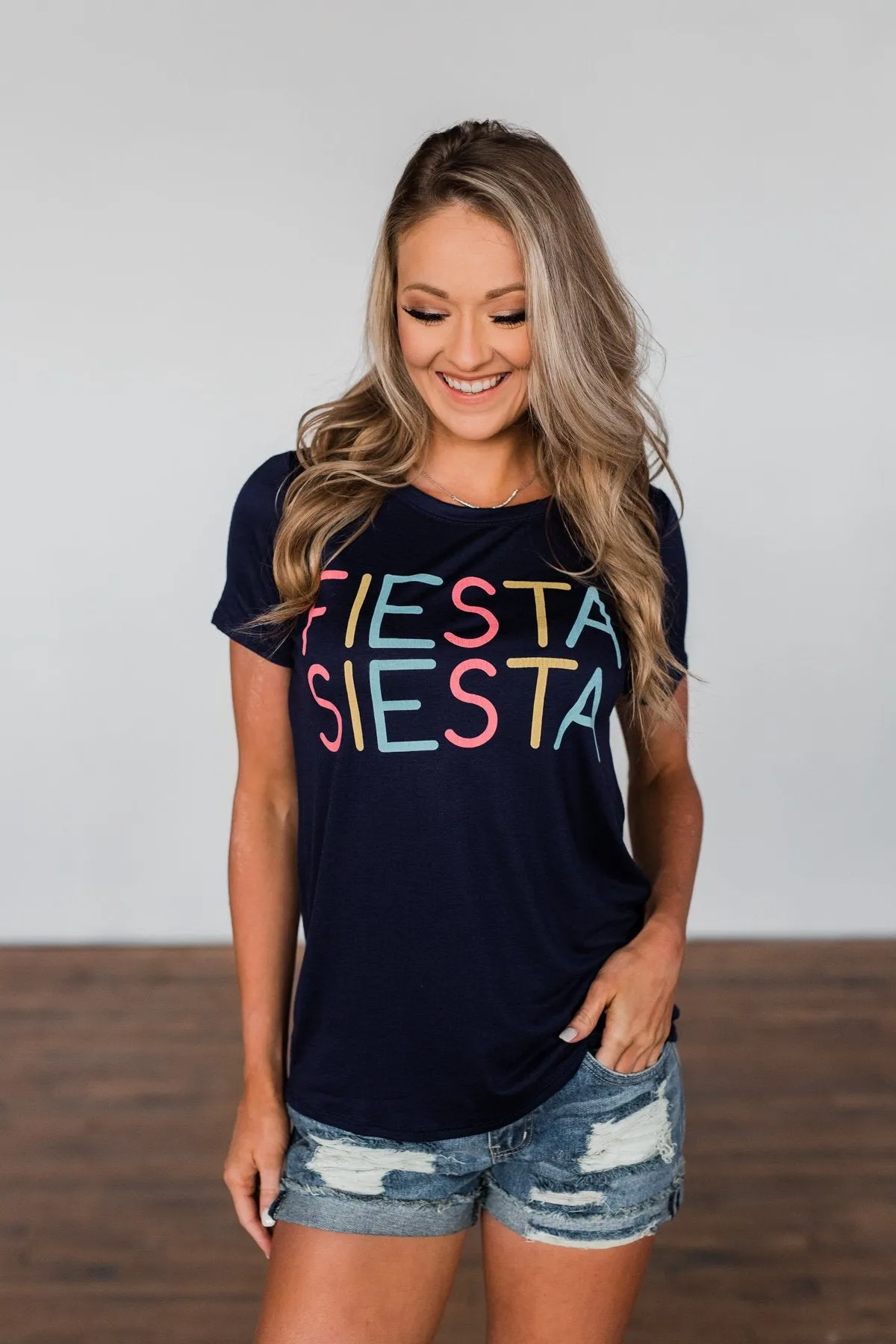 "Fiesta Siesta" Graphic Top- Navy