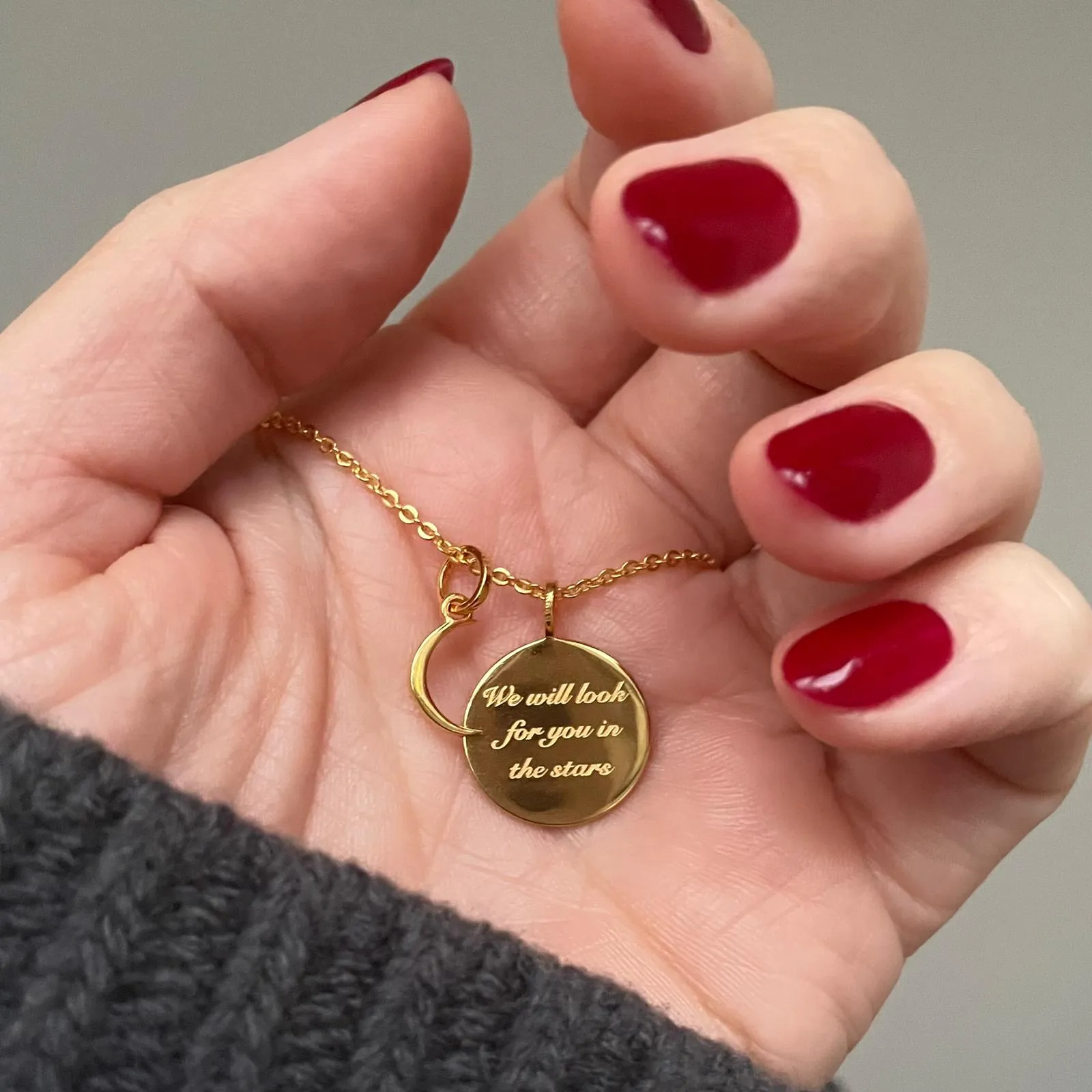 "We will look for you in the stars" Coin Necklace with Crescent Moon Charm