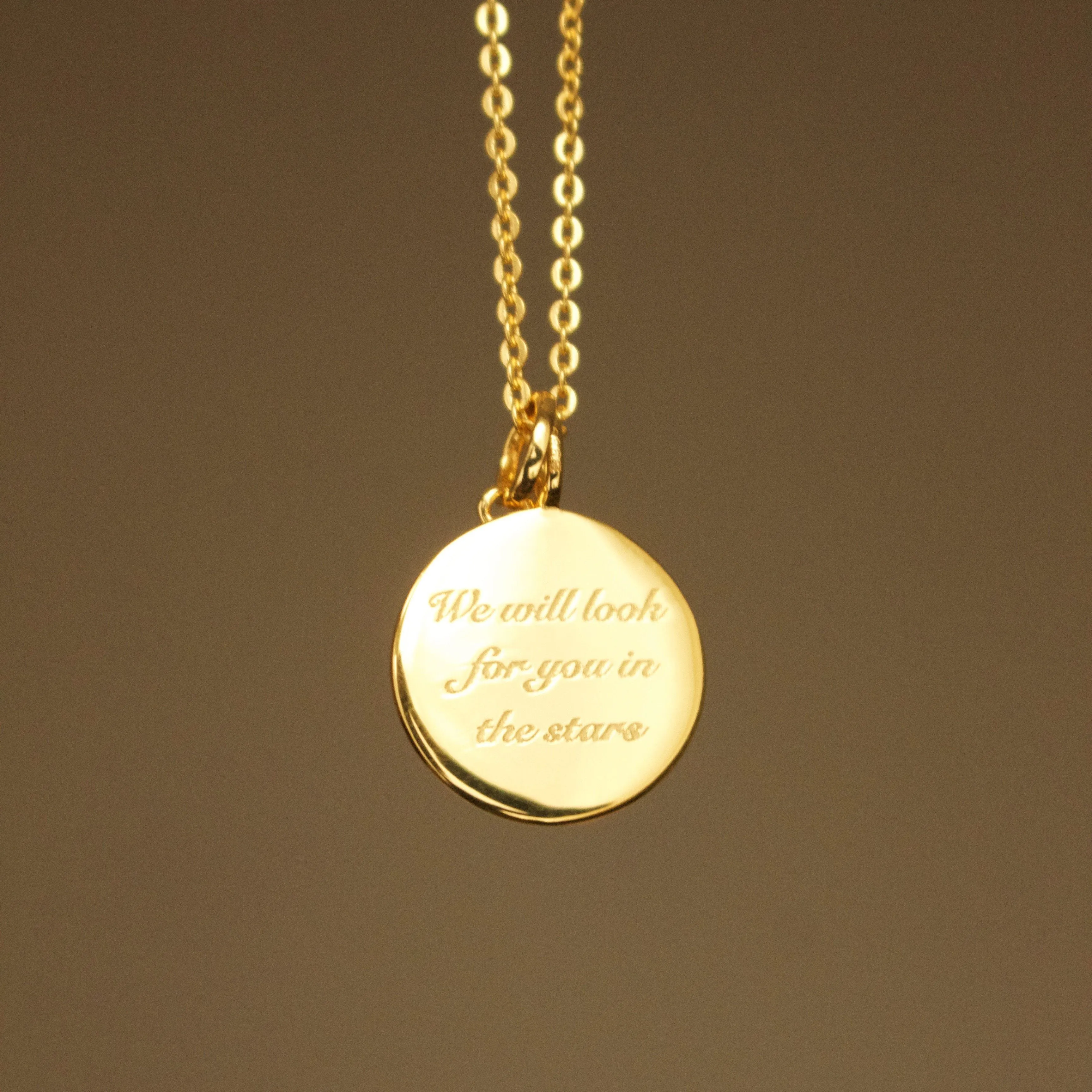"We will look for you in the stars" Coin Necklace with Crescent Moon Charm