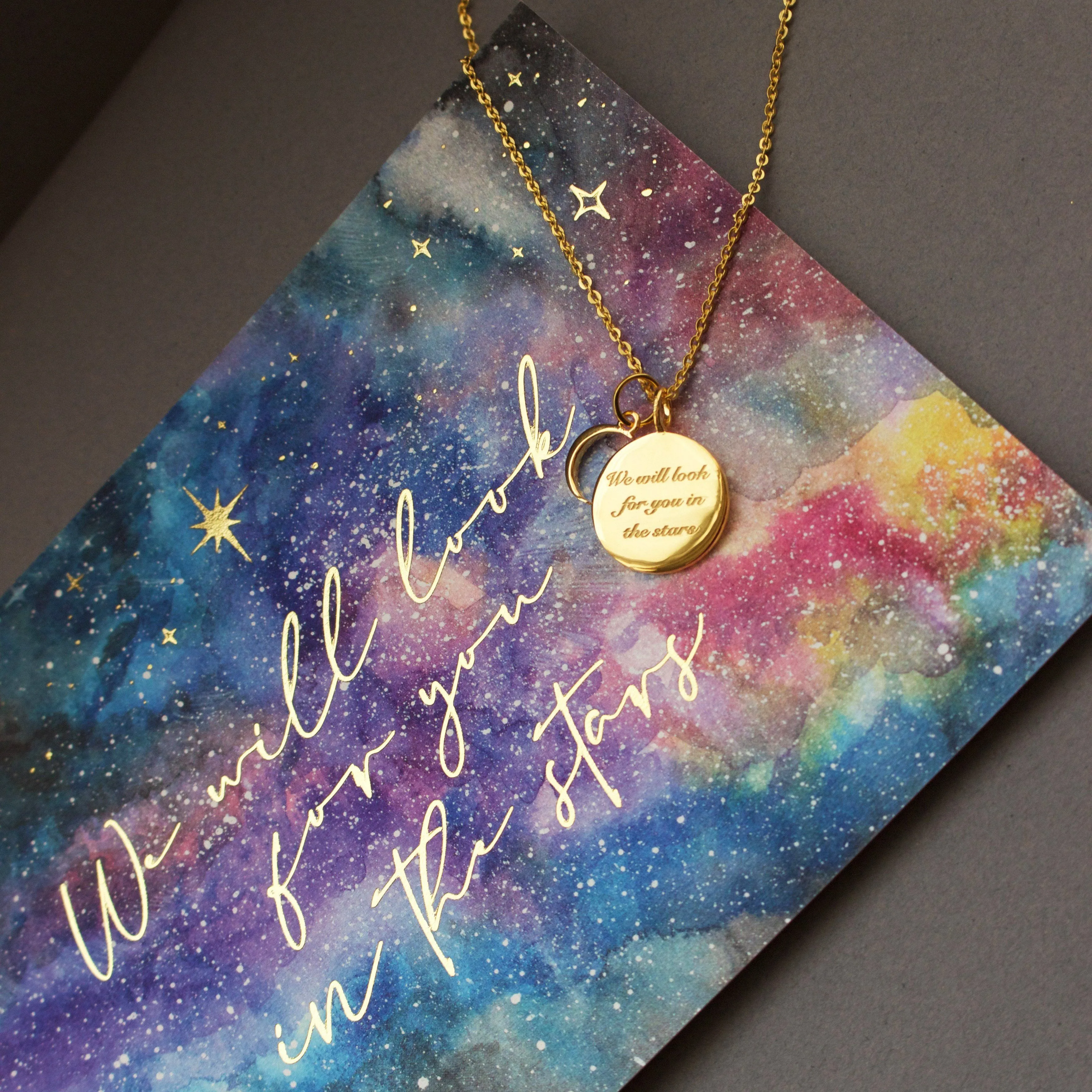 "We will look for you in the stars" Coin Necklace with Crescent Moon Charm