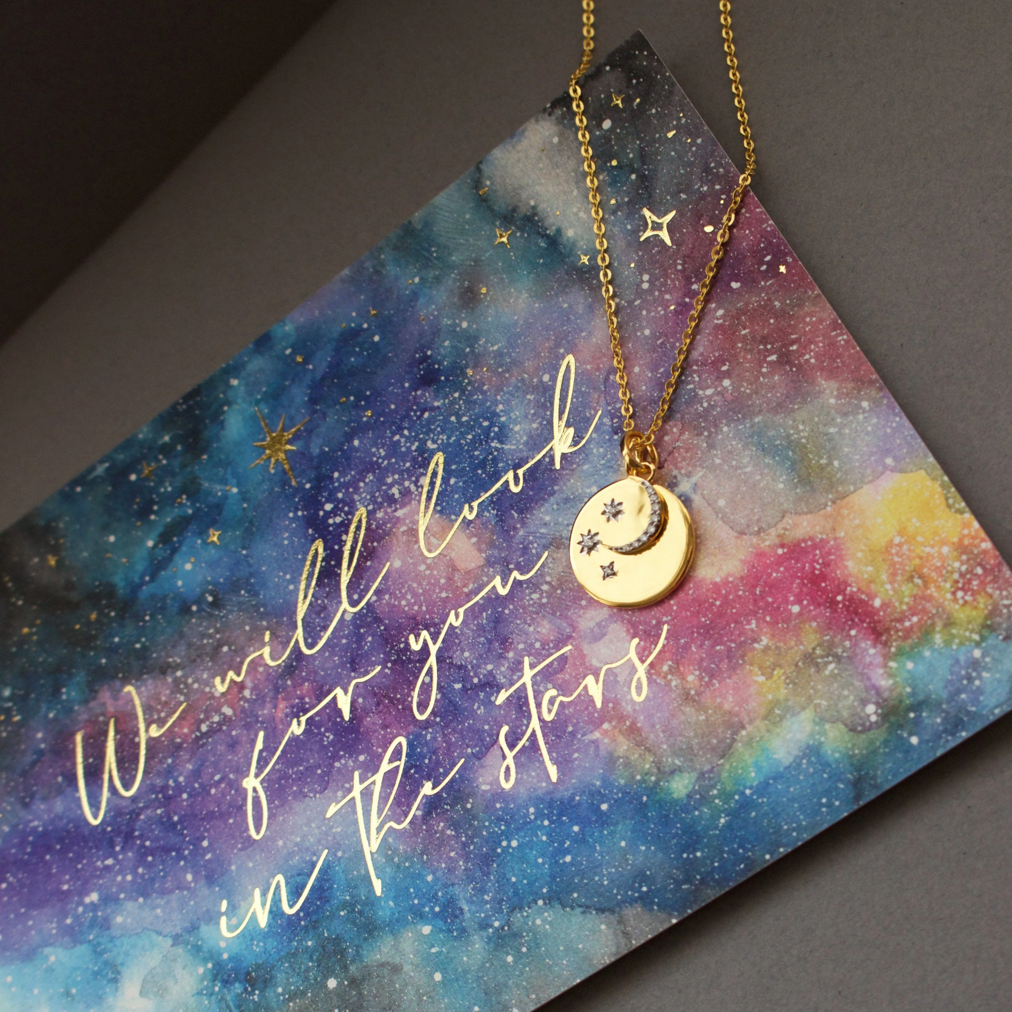 "We will look for you in the stars" Coin Necklace with Crescent Moon Charm