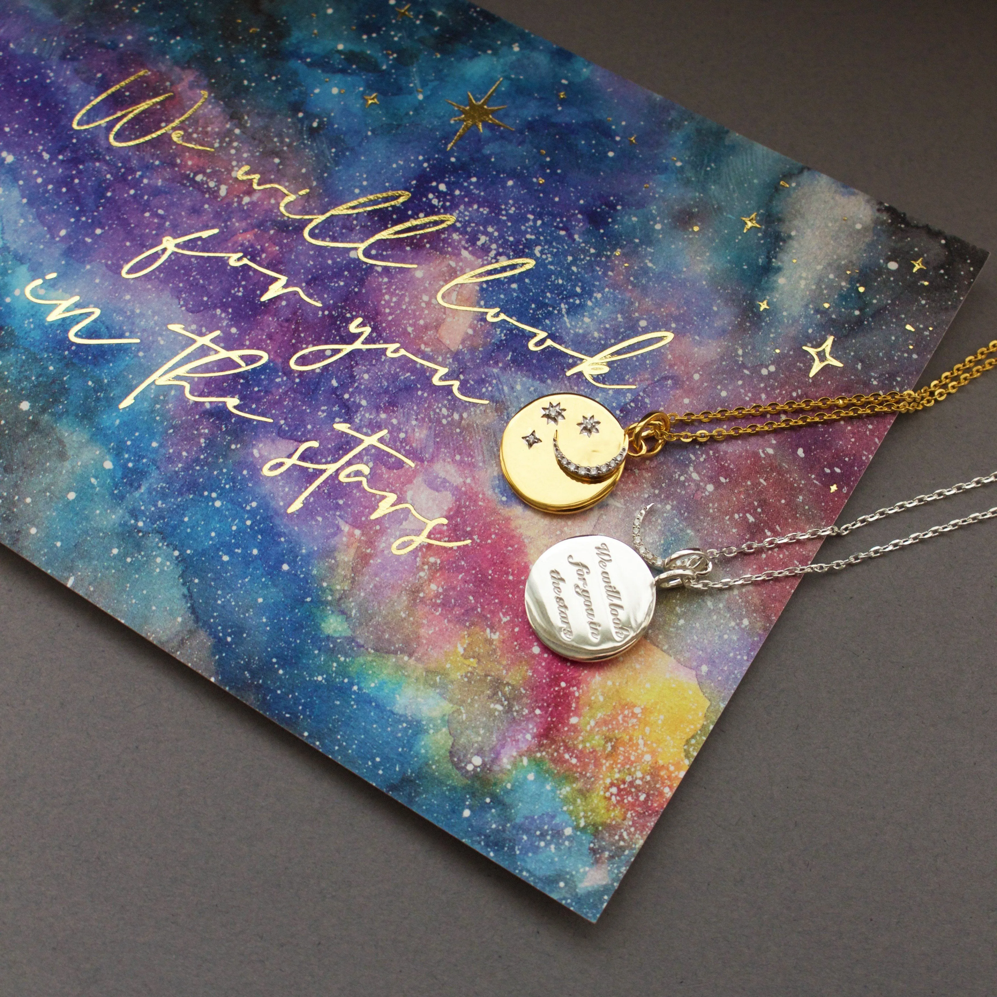 "We will look for you in the stars" Coin Necklace with Crescent Moon Charm