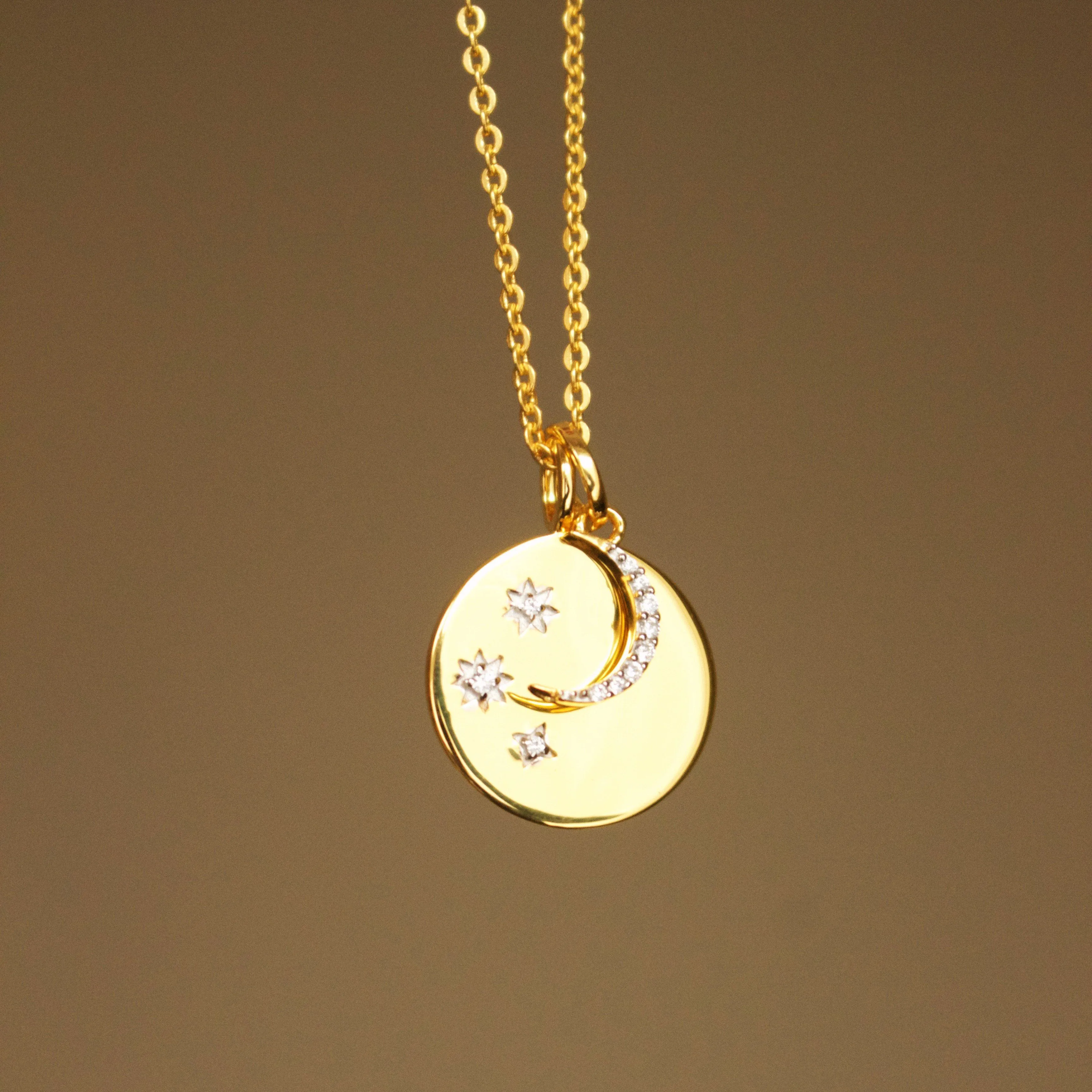 "We will look for you in the stars" Coin Necklace with Crescent Moon Charm