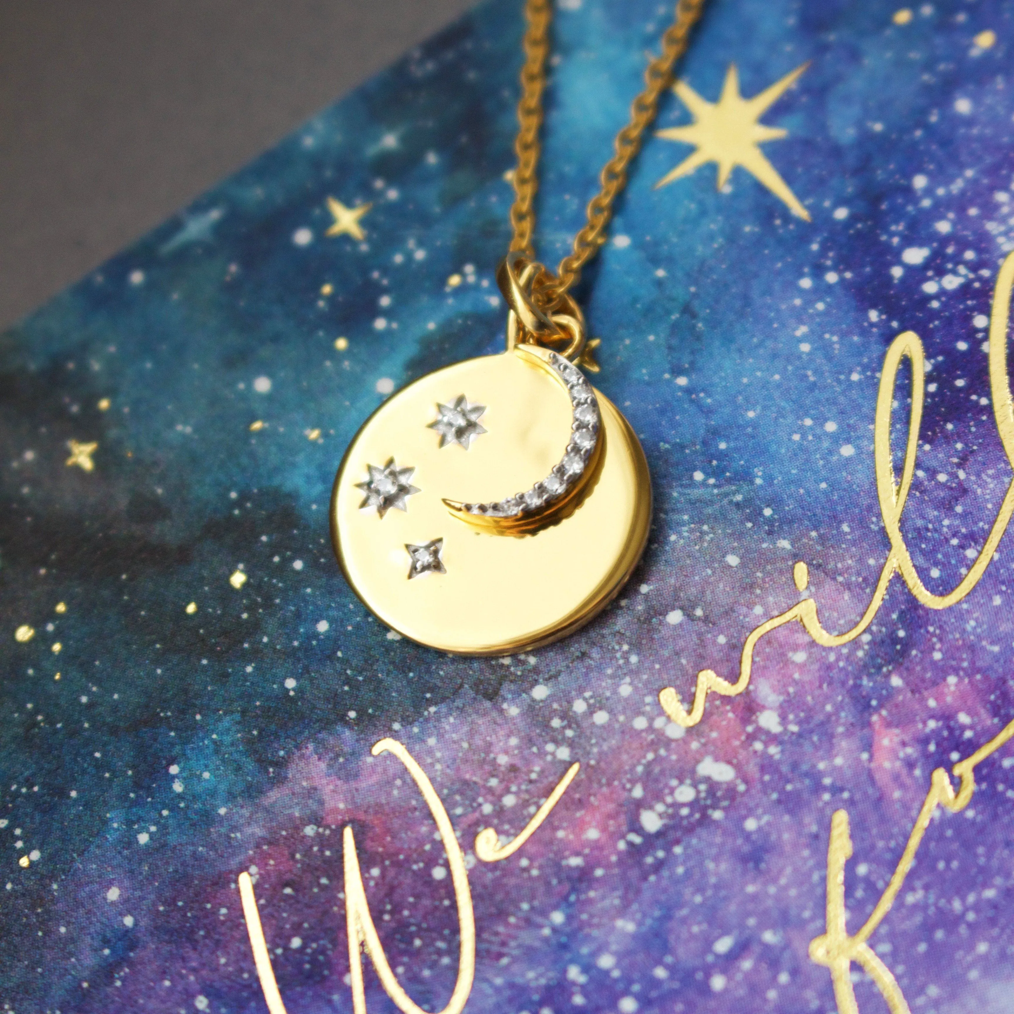 "We will look for you in the stars" Coin Necklace with Crescent Moon Charm