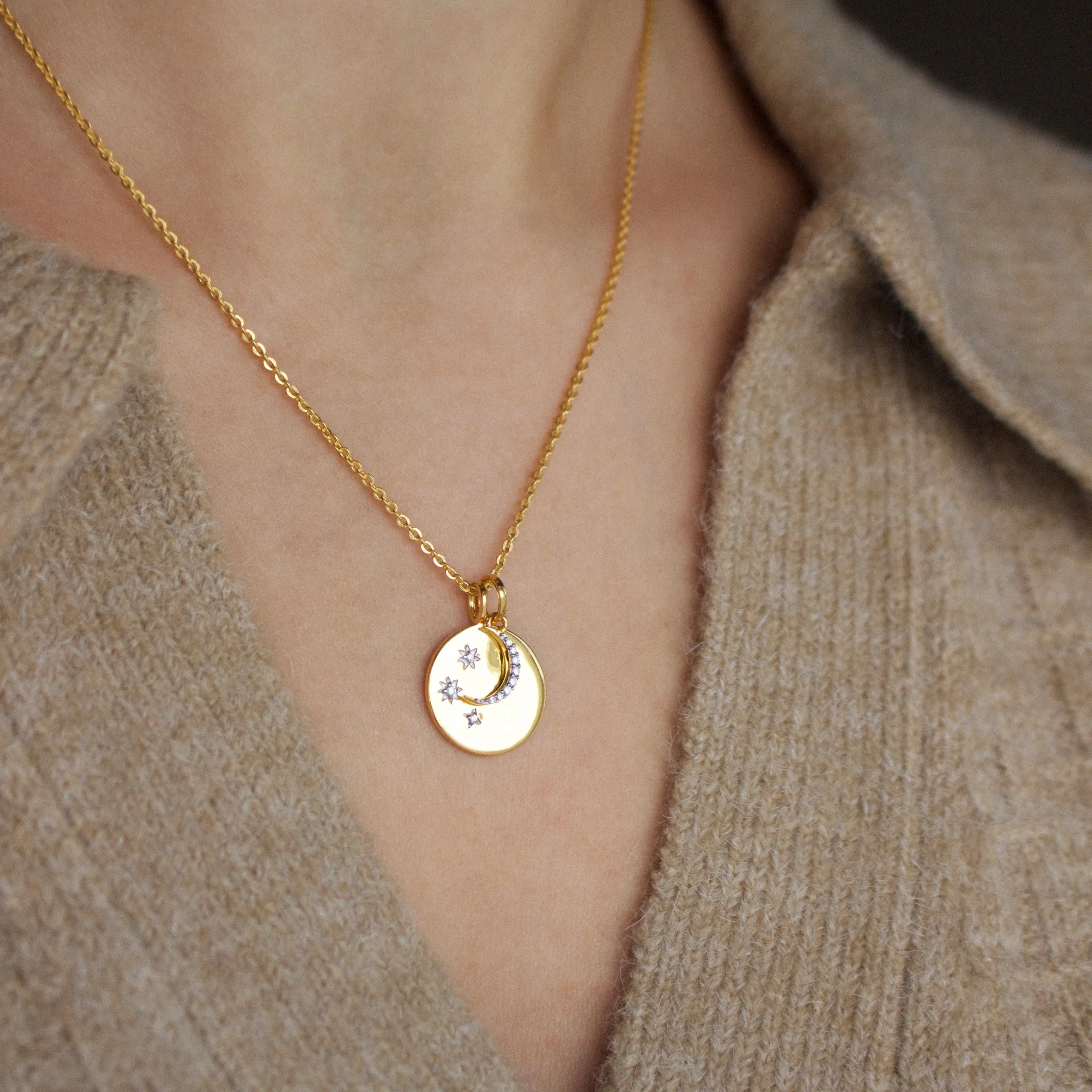 "We will look for you in the stars" Coin Necklace with Crescent Moon Charm