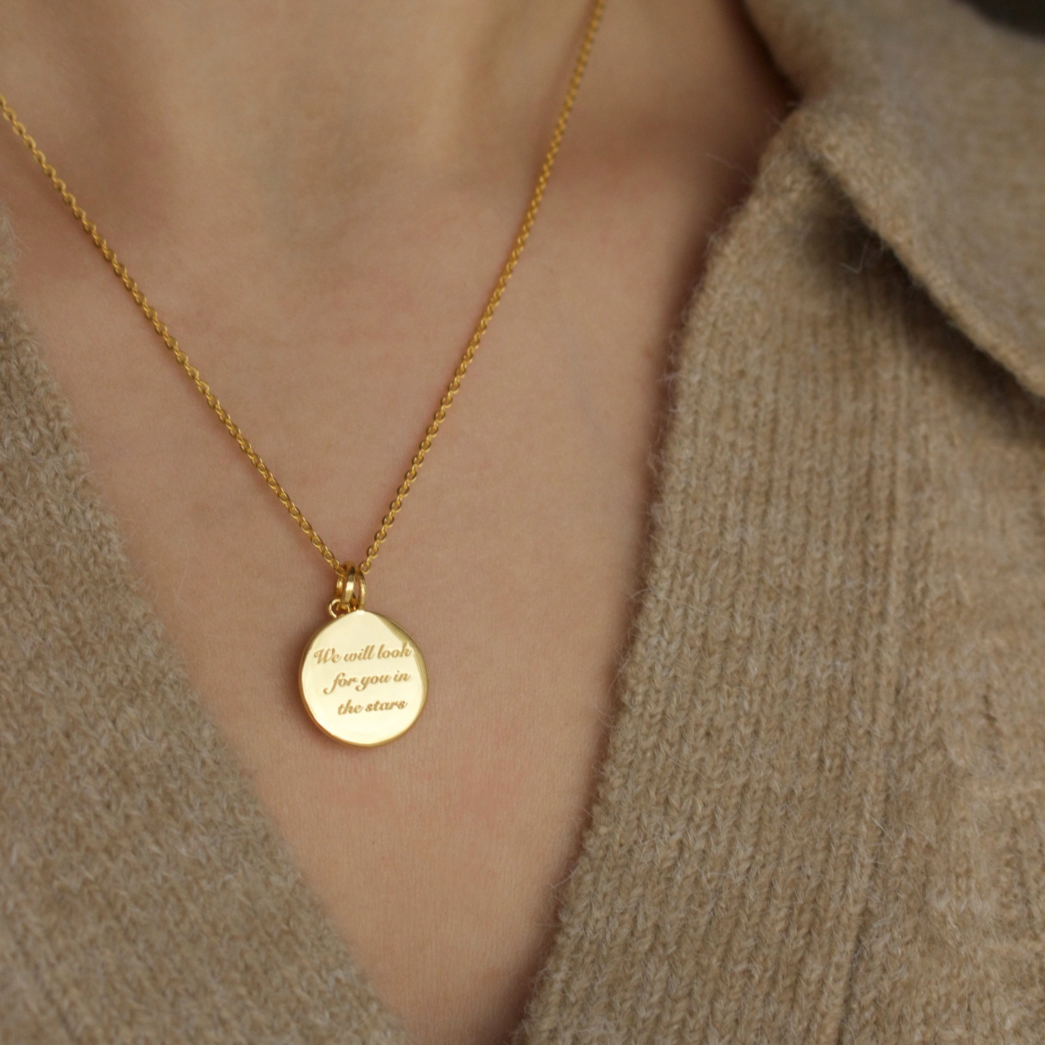 "We will look for you in the stars" Coin Necklace with Crescent Moon Charm