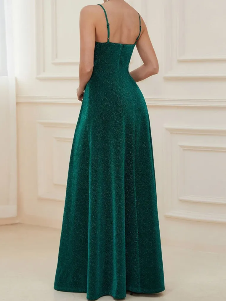 Raewyn thin strap sparkling ball gown with split in Emerald Express NZ wide