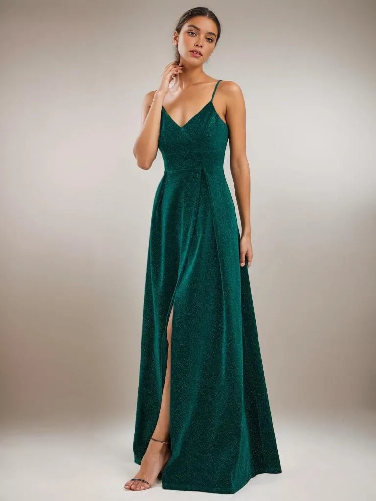 Raewyn thin strap sparkling ball gown with split in Emerald Express NZ wide