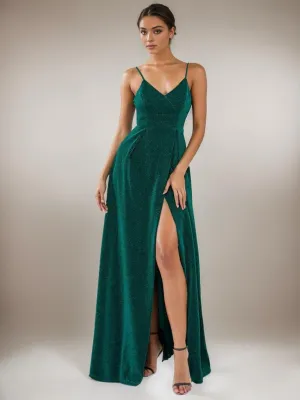 Raewyn thin strap sparkling ball gown with split in Emerald Express NZ wide
