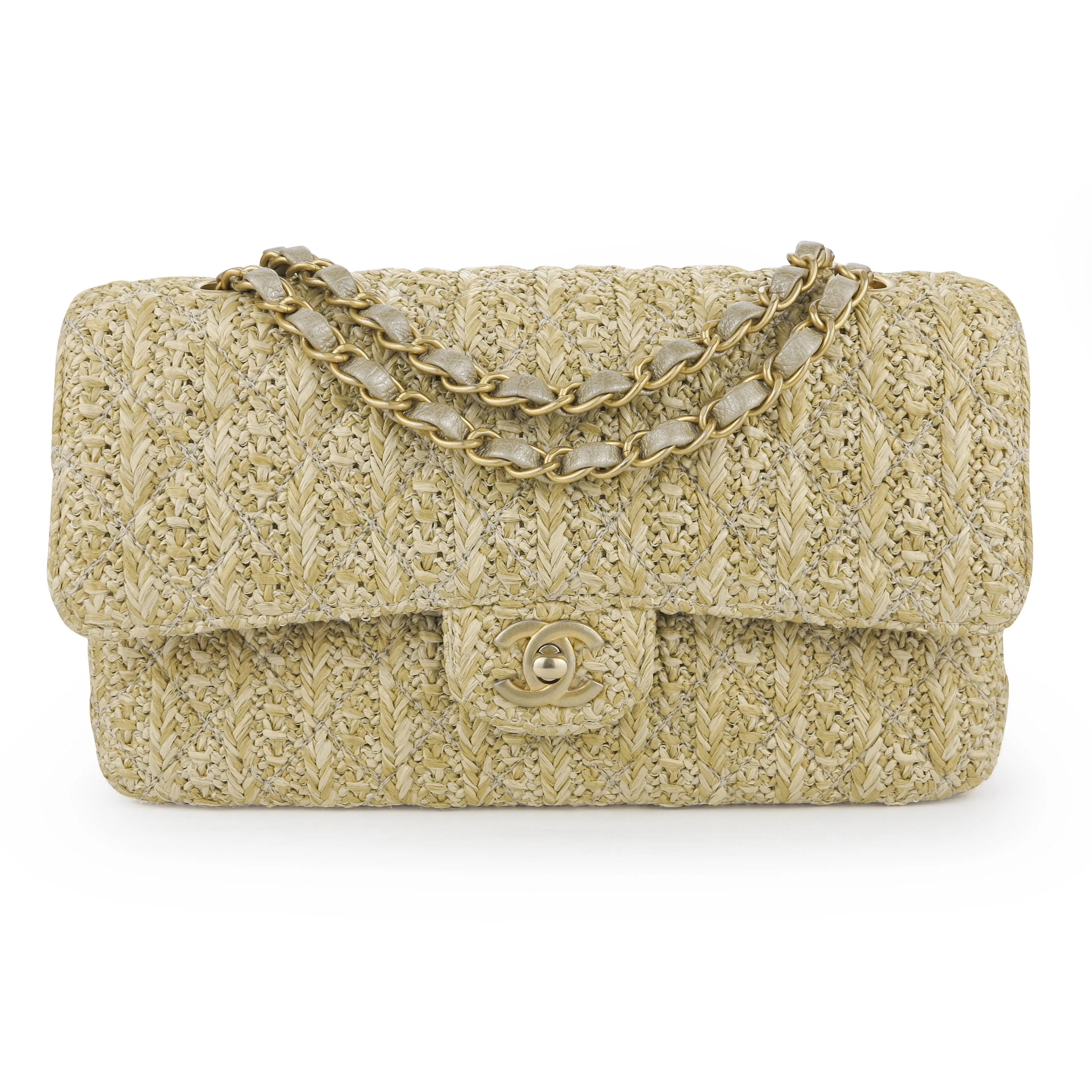 Raffia Woven Straw Medium Classic Double Flap Bag