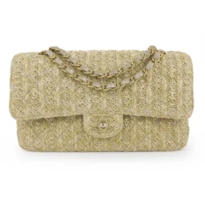 Raffia Woven Straw Medium Classic Double Flap Bag